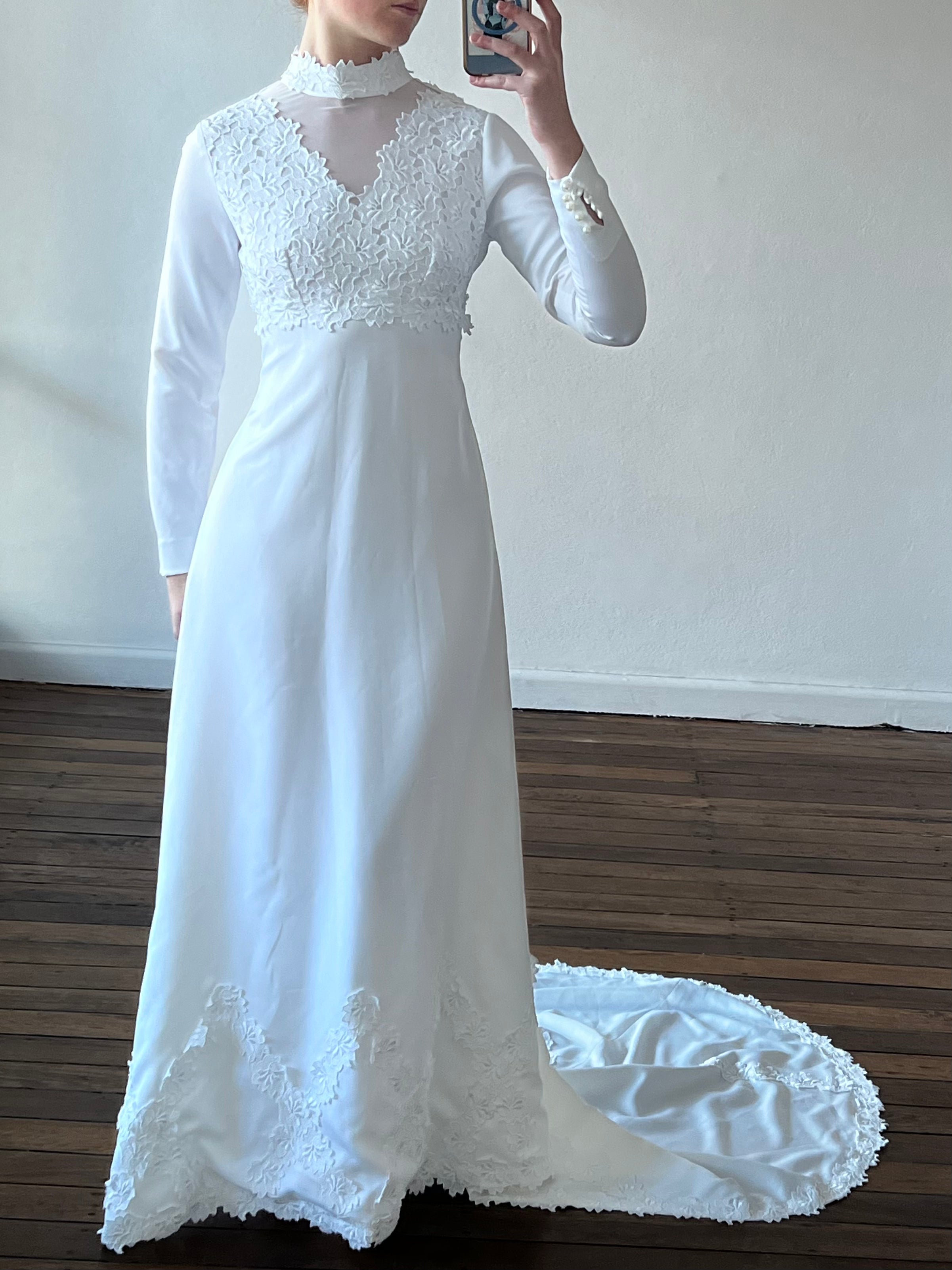 70s Guipure Lace Empire Mock Neckline Dress