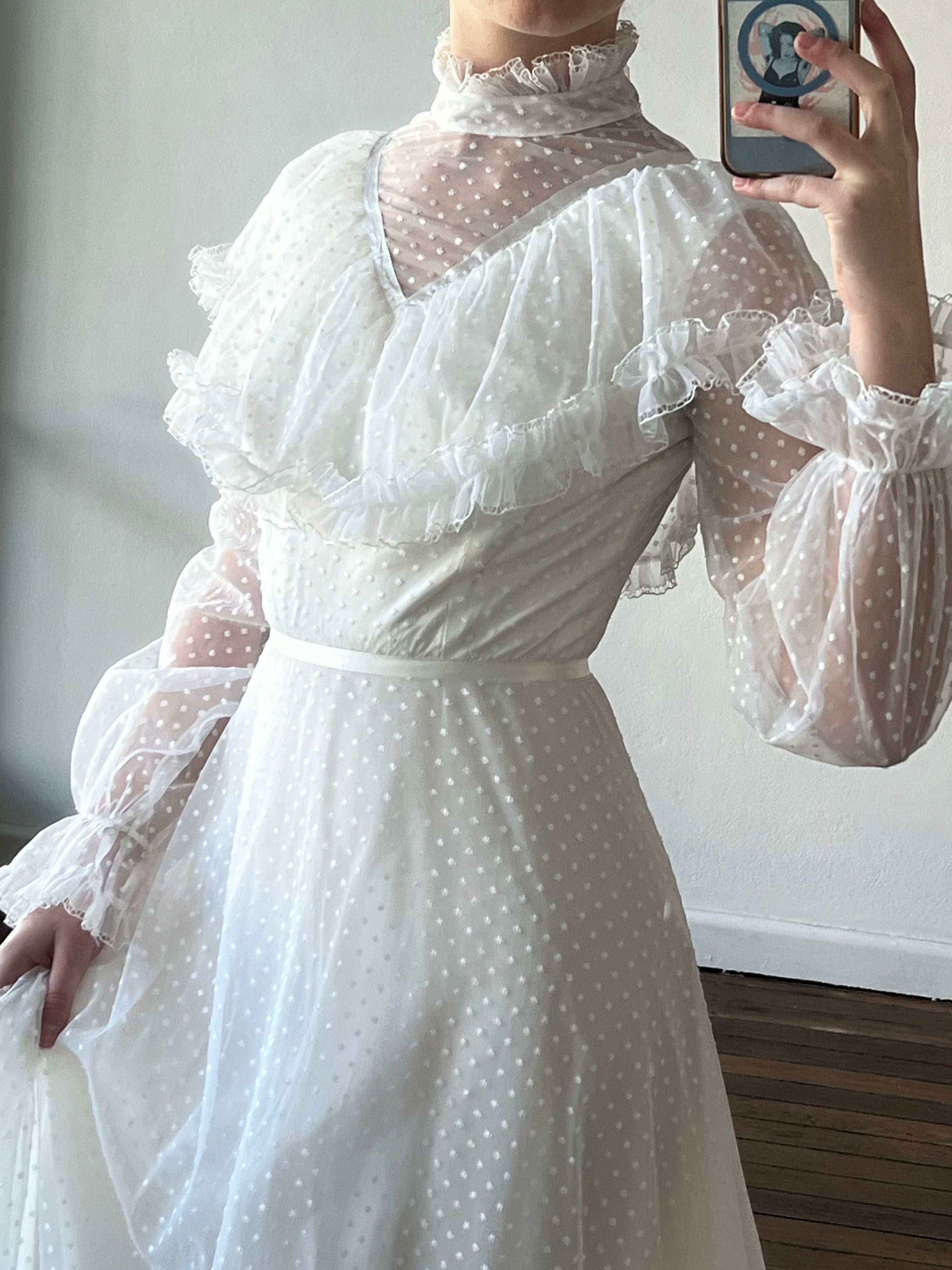 70s Polka Dot Mock Neckline Ruffle Dress