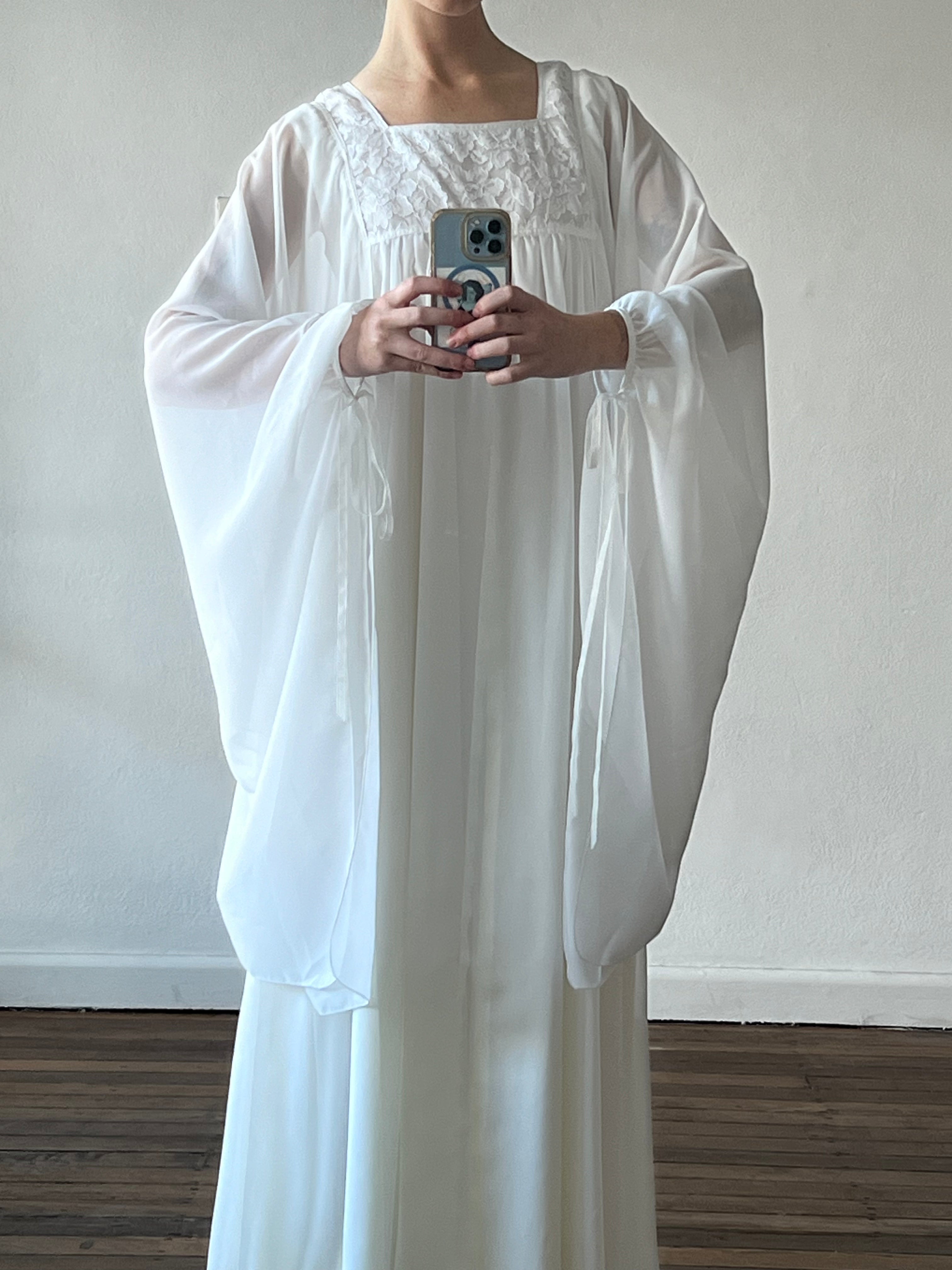 70s Chiffon Angel Sleeve Lace Empire Dress