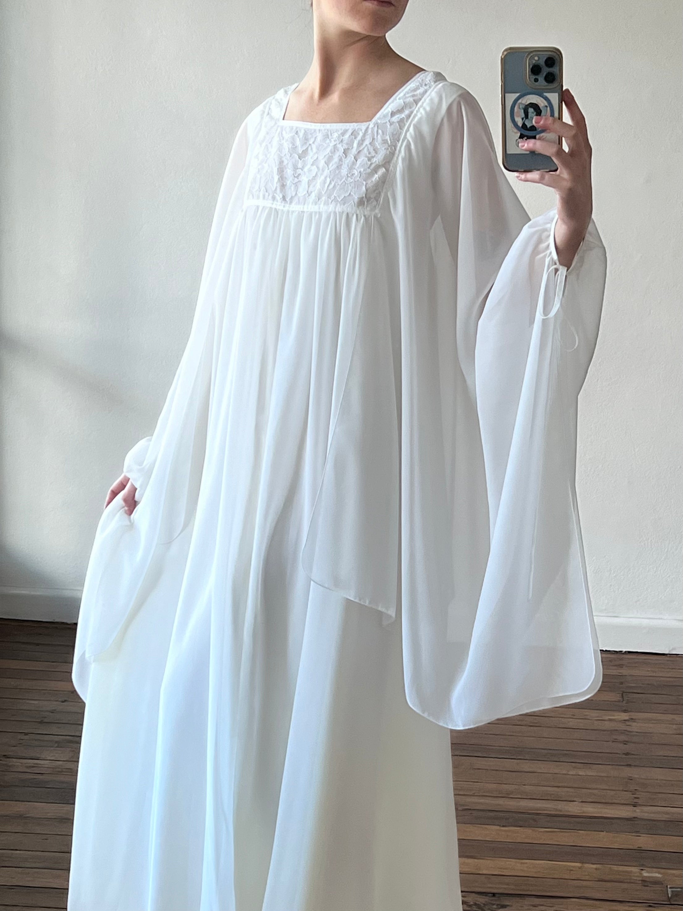 70s Chiffon Angel Sleeve Lace Empire Dress