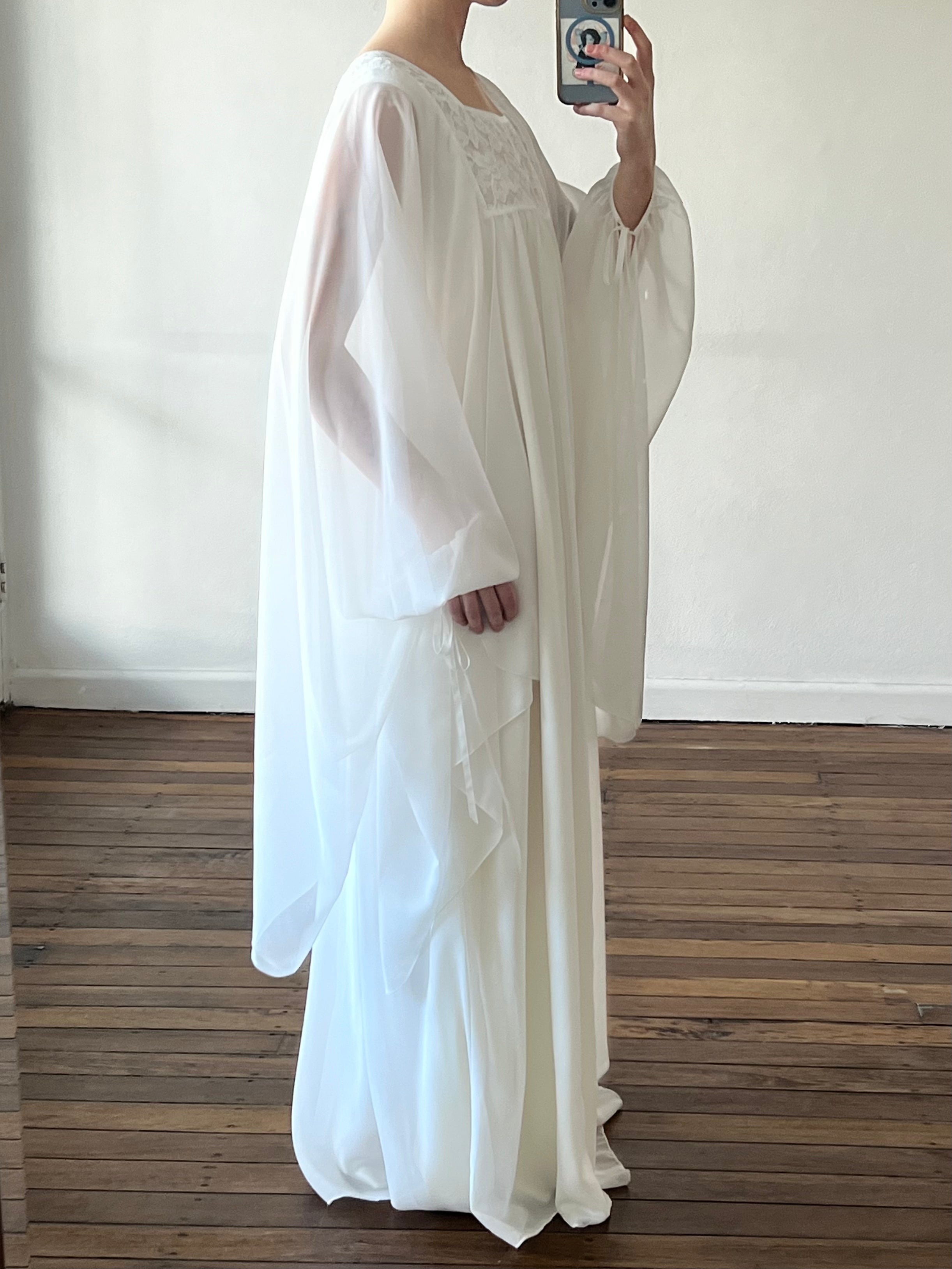 70s Chiffon Angel Sleeve Lace Empire Dress