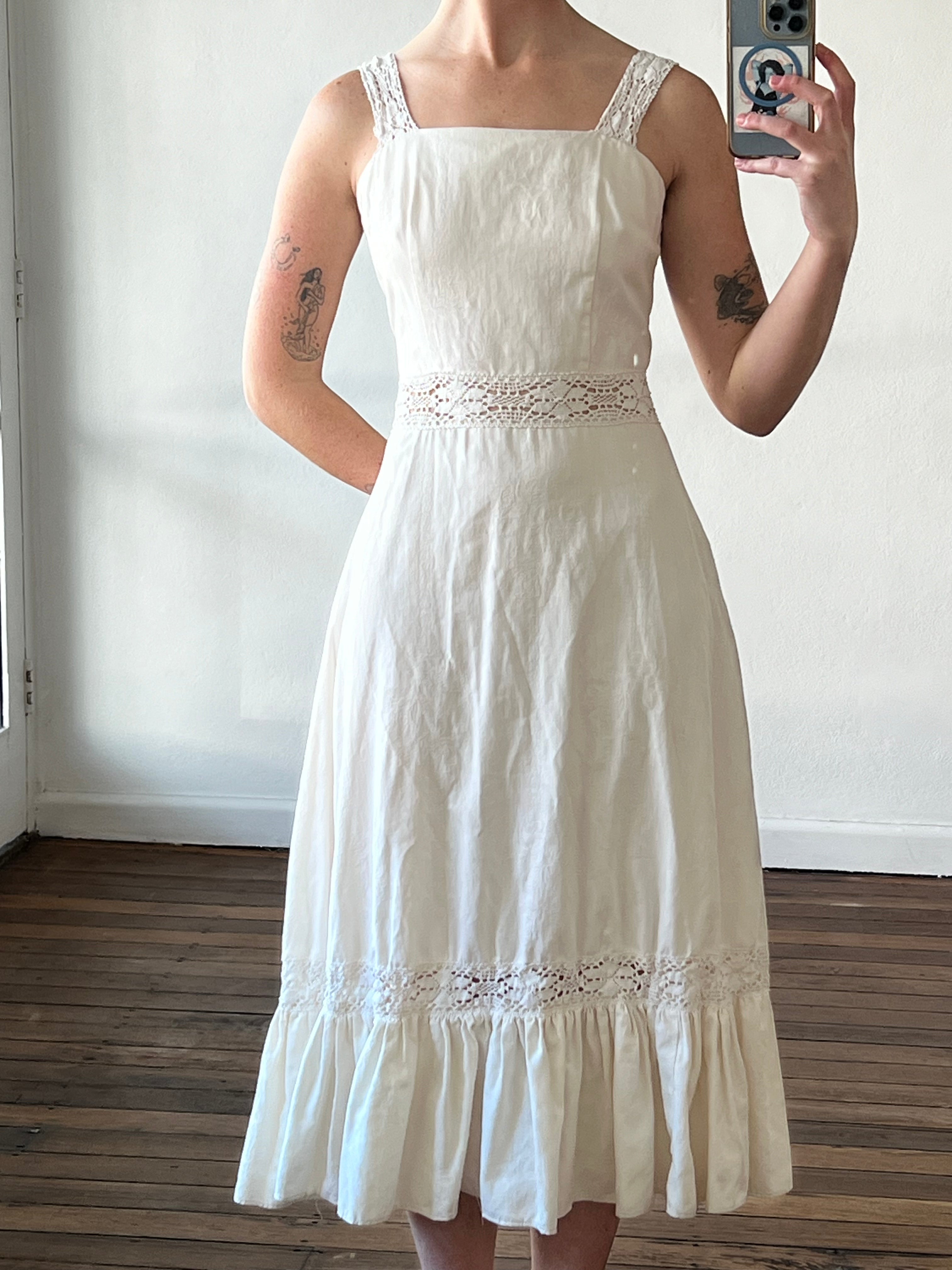 70s Jacquard Cotton Lace Trim Midi