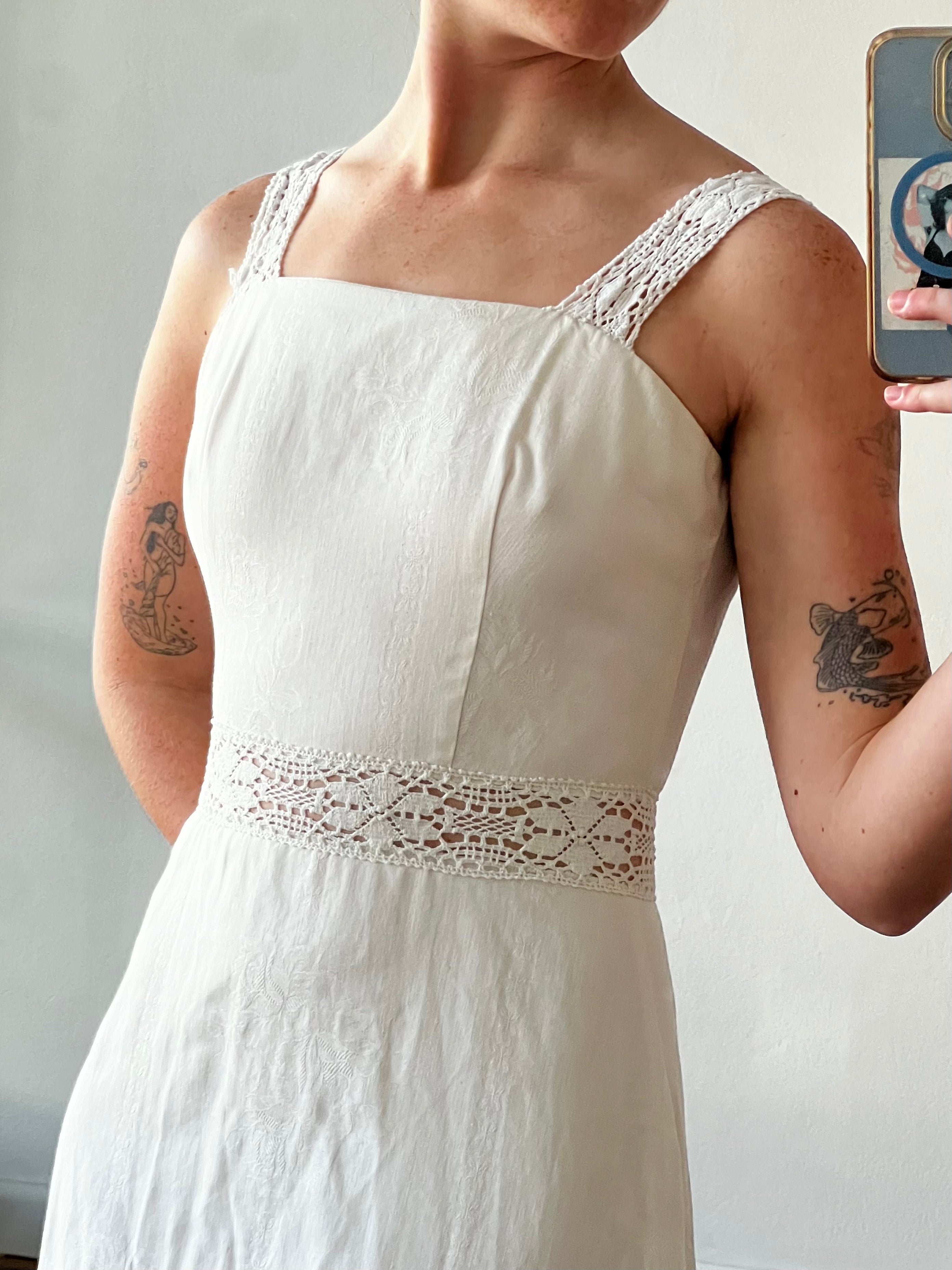 70s Jacquard Cotton Lace Trim Midi
