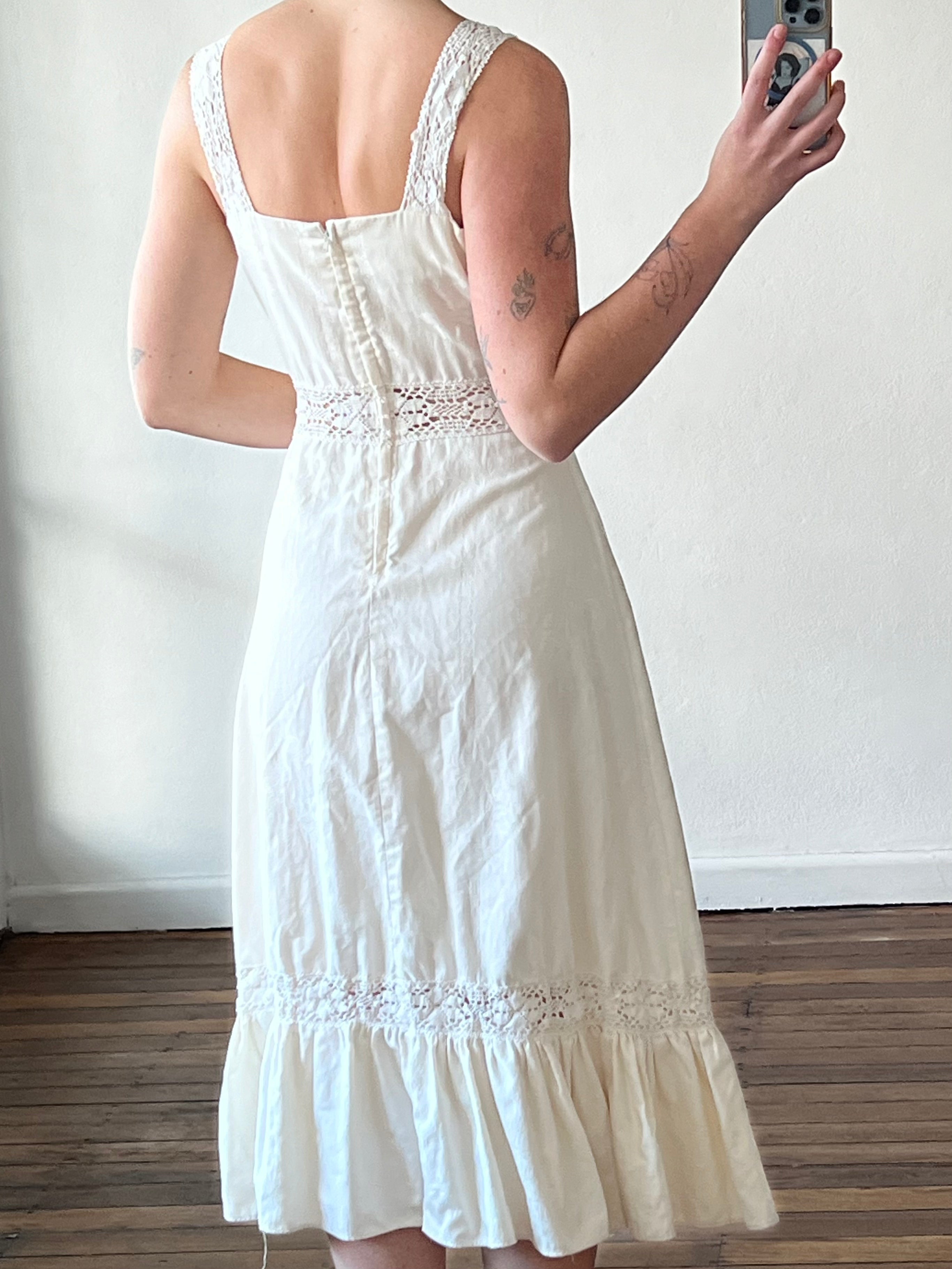 70s Jacquard Cotton Lace Trim Midi
