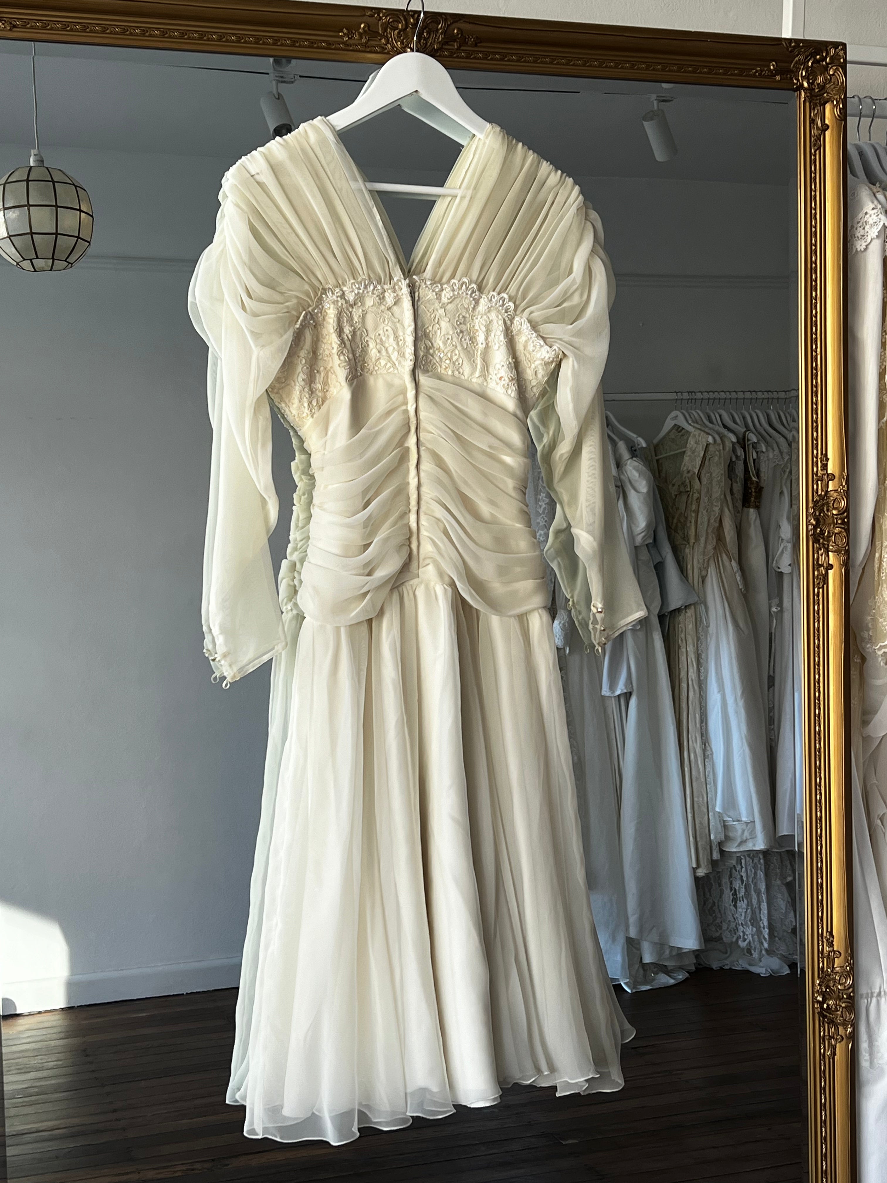 80s Chiffon Drop Waist Lace Empire Bust Midi