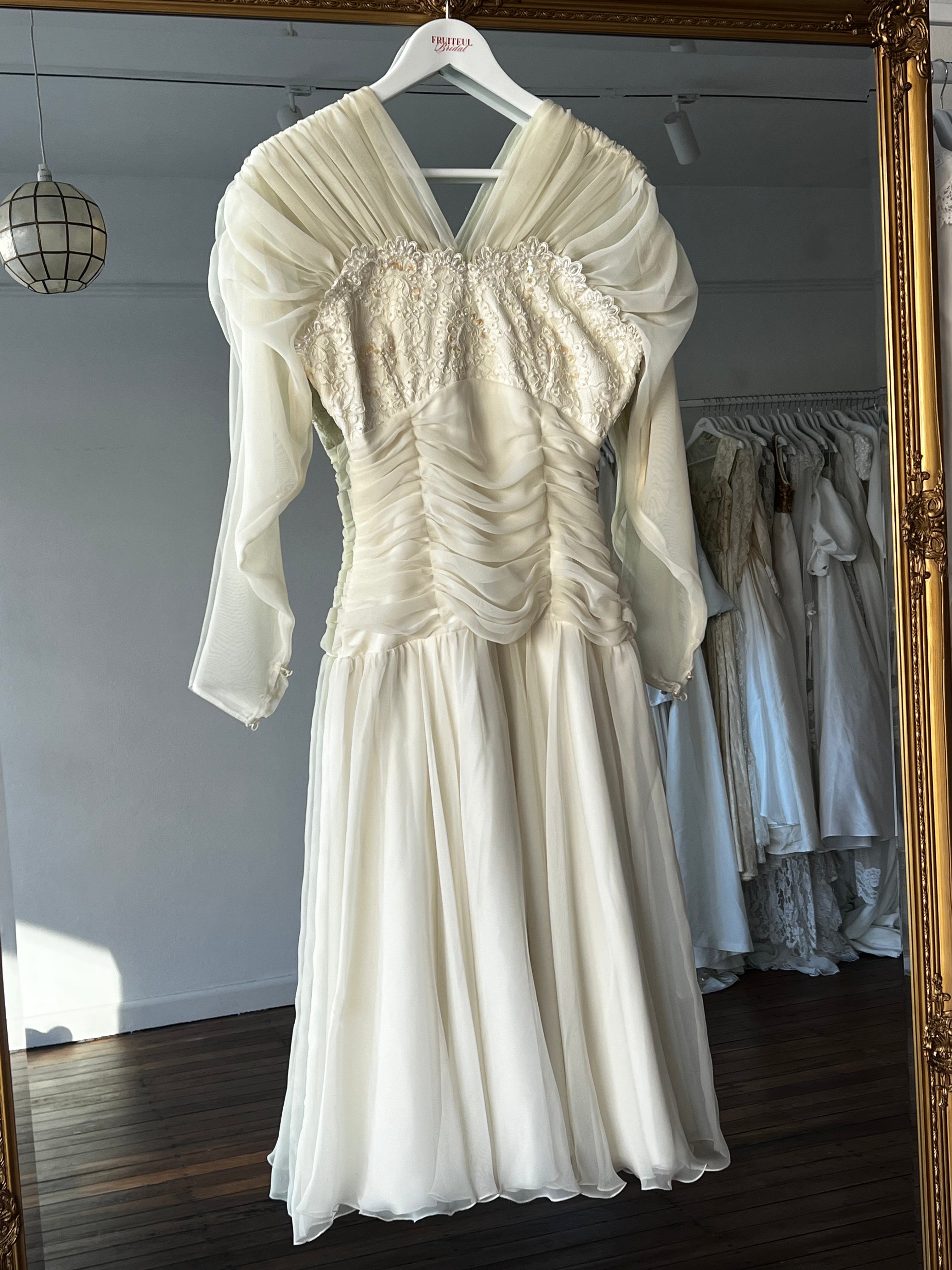 80s Chiffon Drop Waist Lace Empire Bust Midi