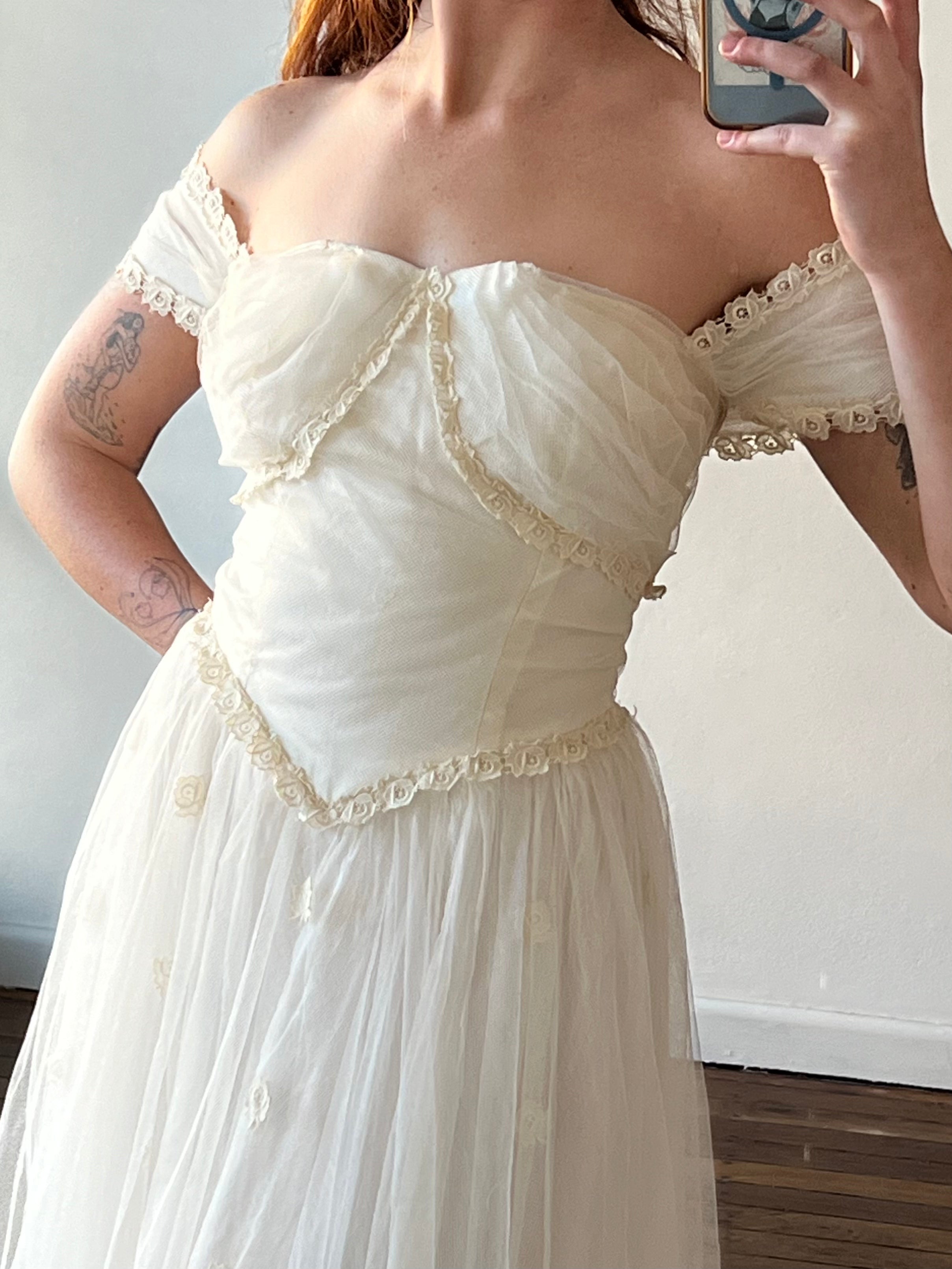 30s Guipure Lace Detail Silk Tulle Dress