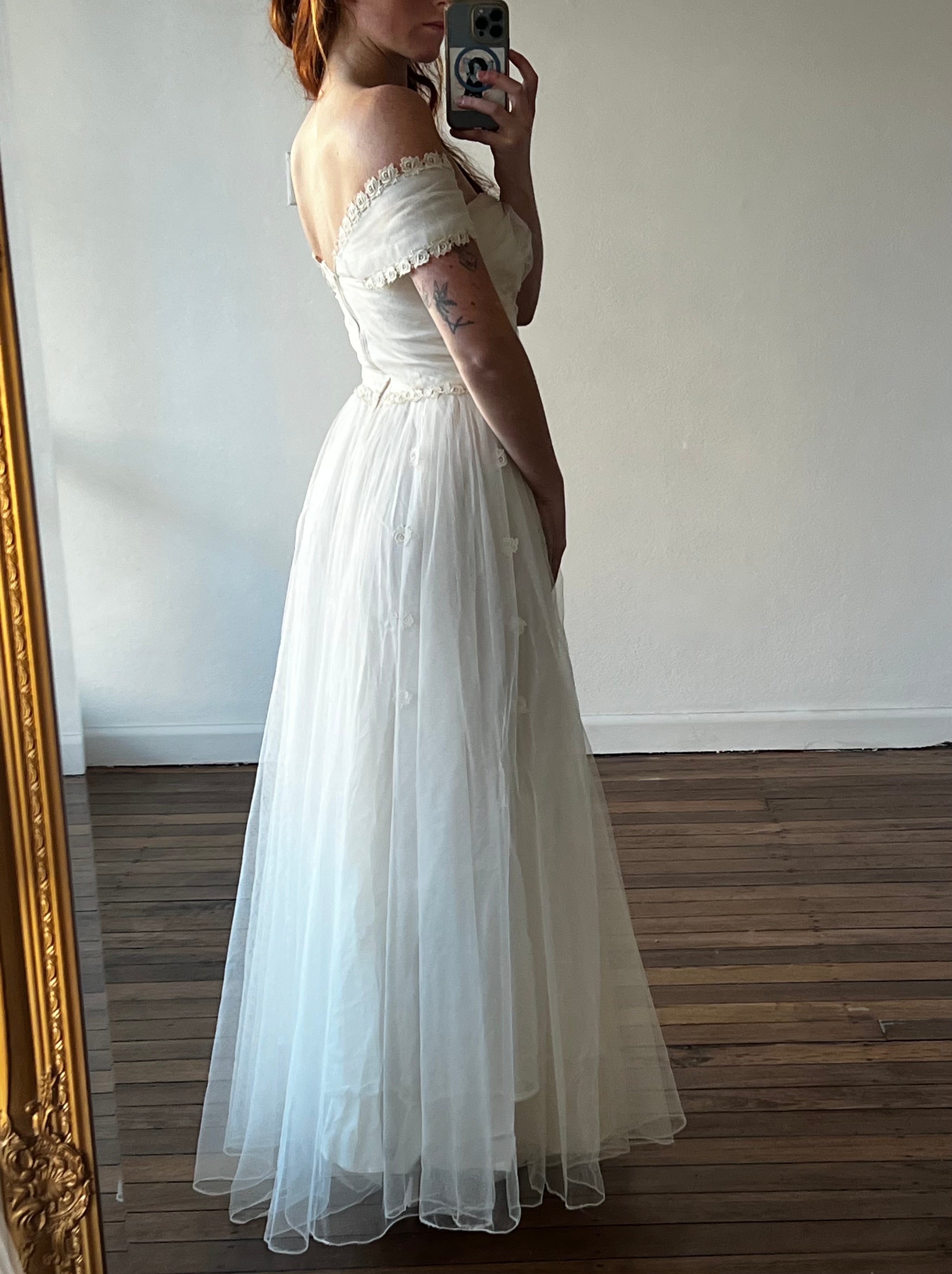 30s Guipure Lace Detail Silk Tulle Dress