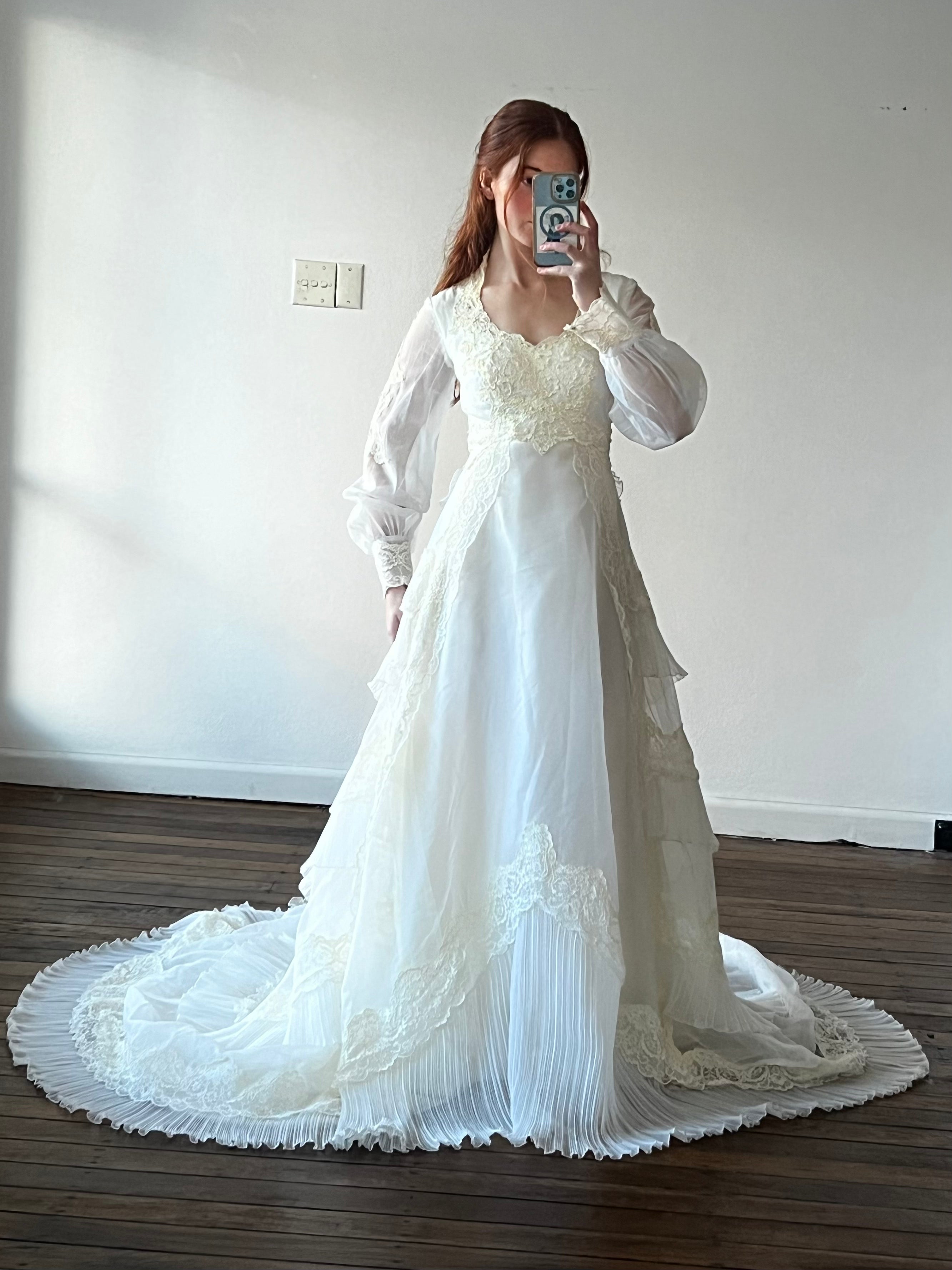 70s Tiered Lace and Pleat Empire Dress