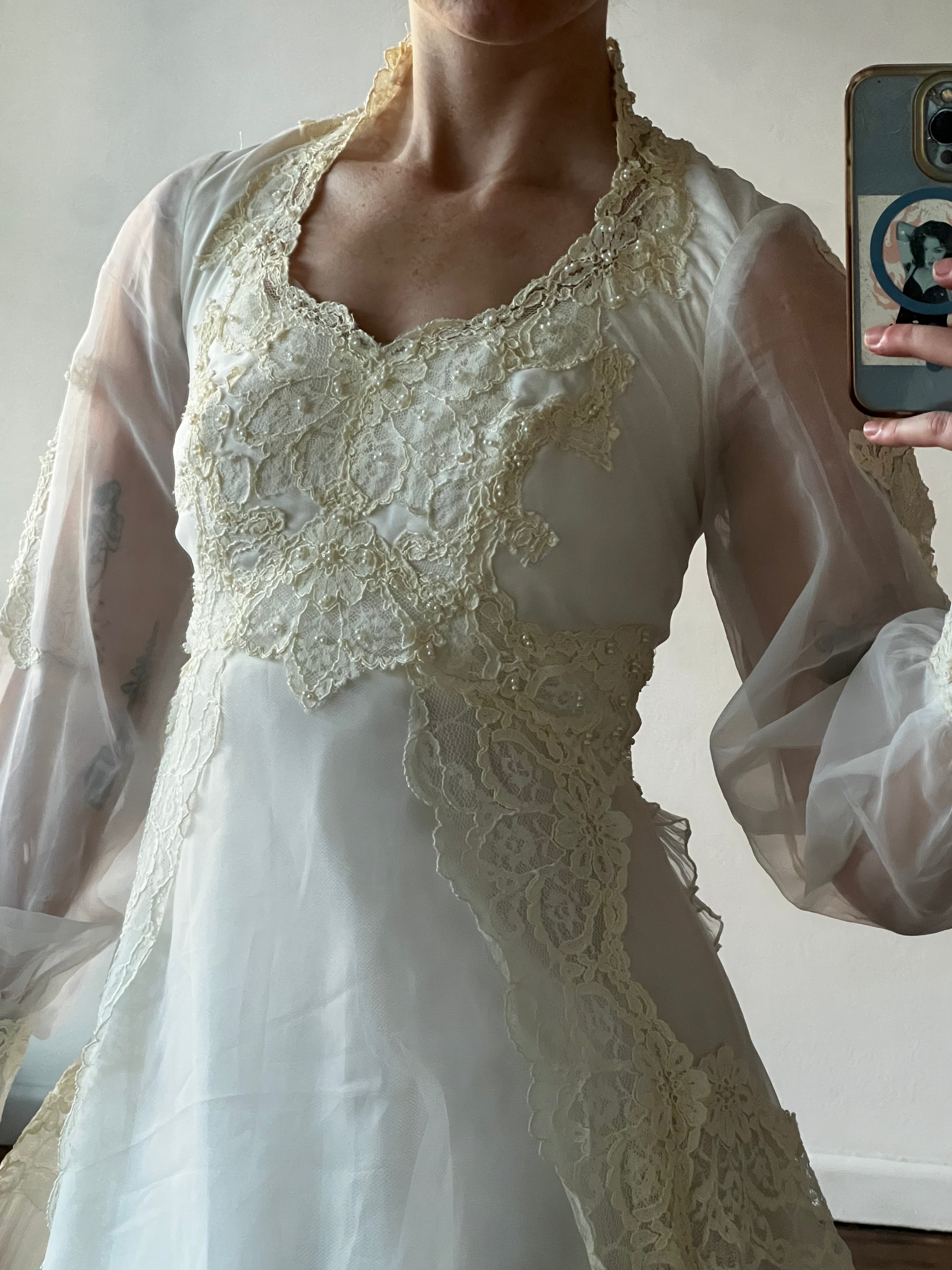 70s Tiered Lace and Pleat Empire Dress