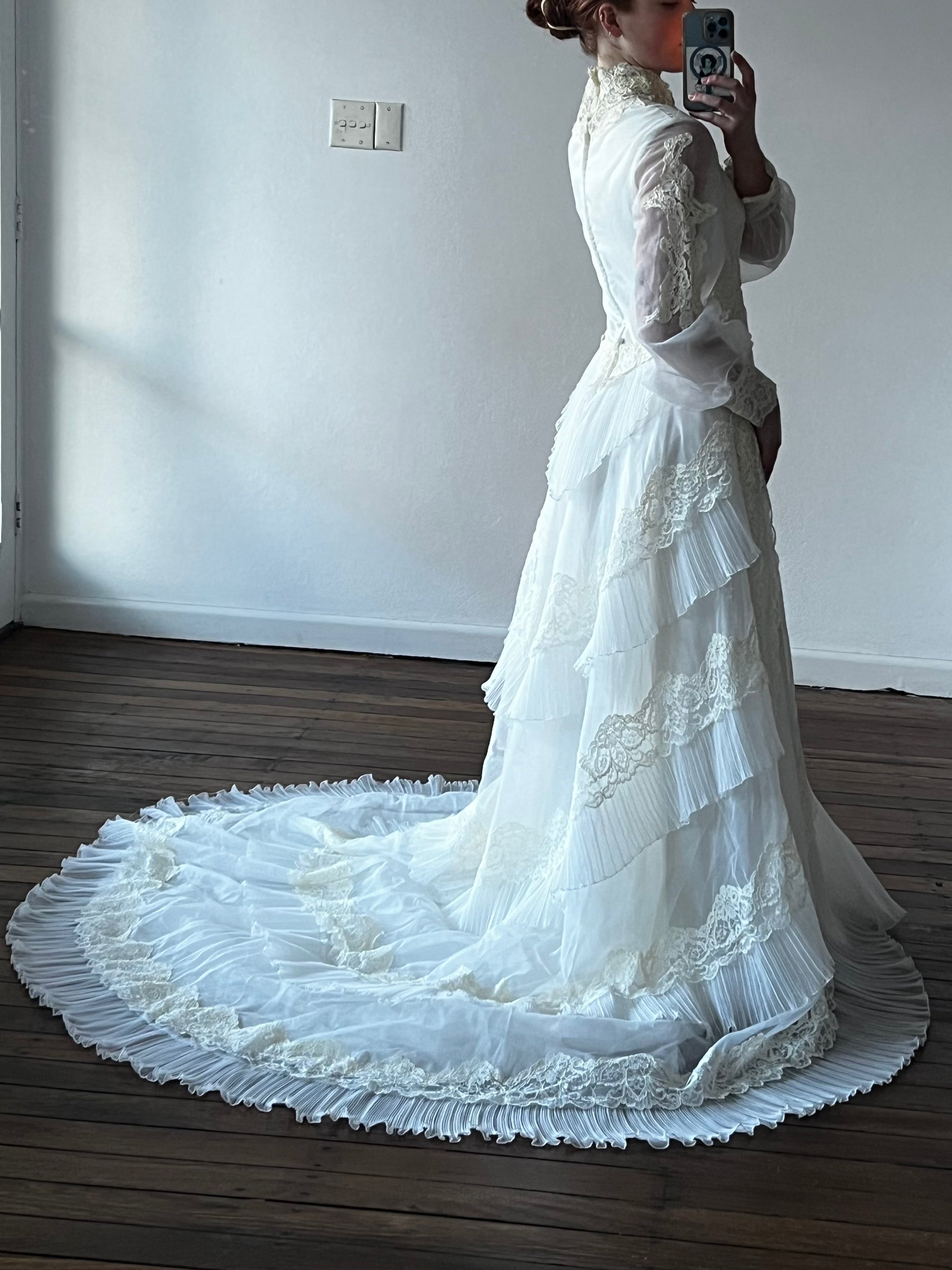 70s Tiered Lace and Pleat Empire Dress