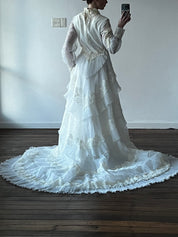70s Tiered Lace and Pleat Empire Dress