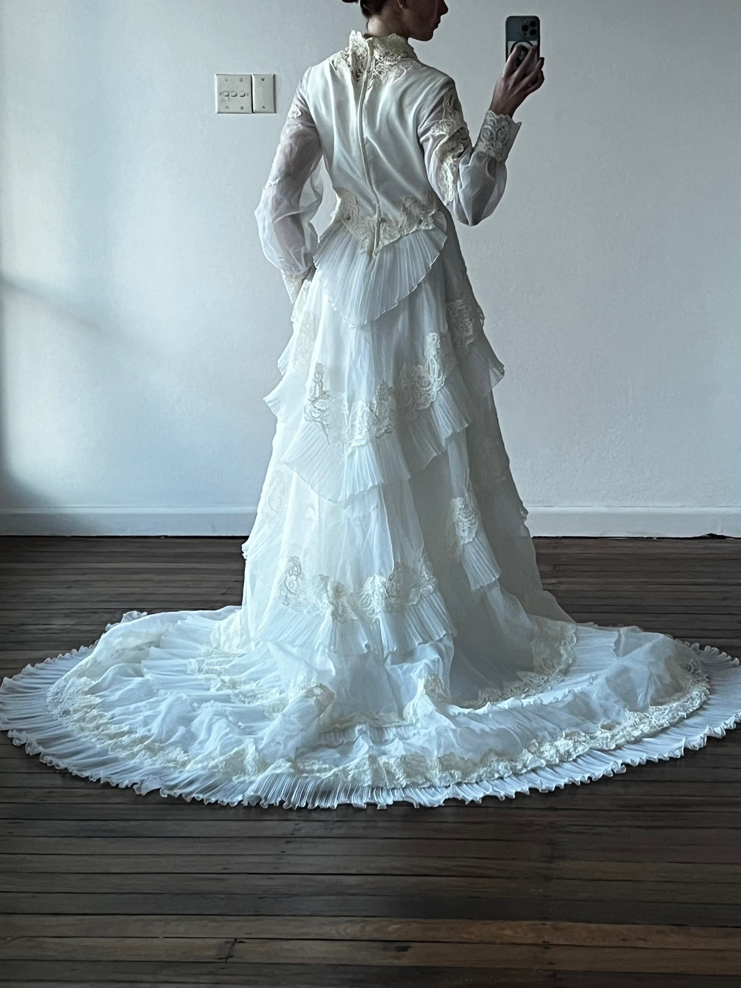 70s Tiered Lace and Pleat Empire Dress
