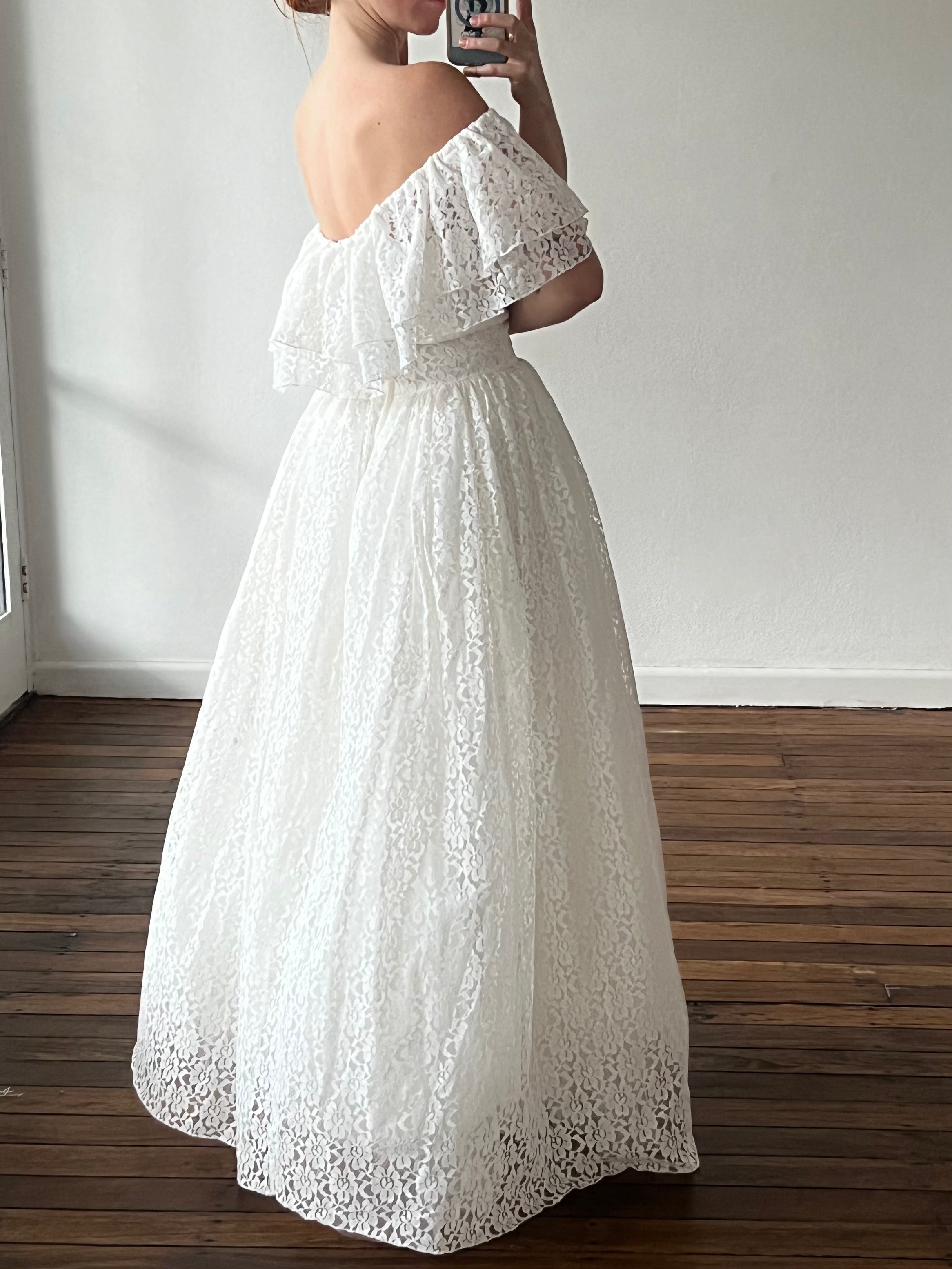70s Alençon Lace Off-the-shoulder Frill Dress