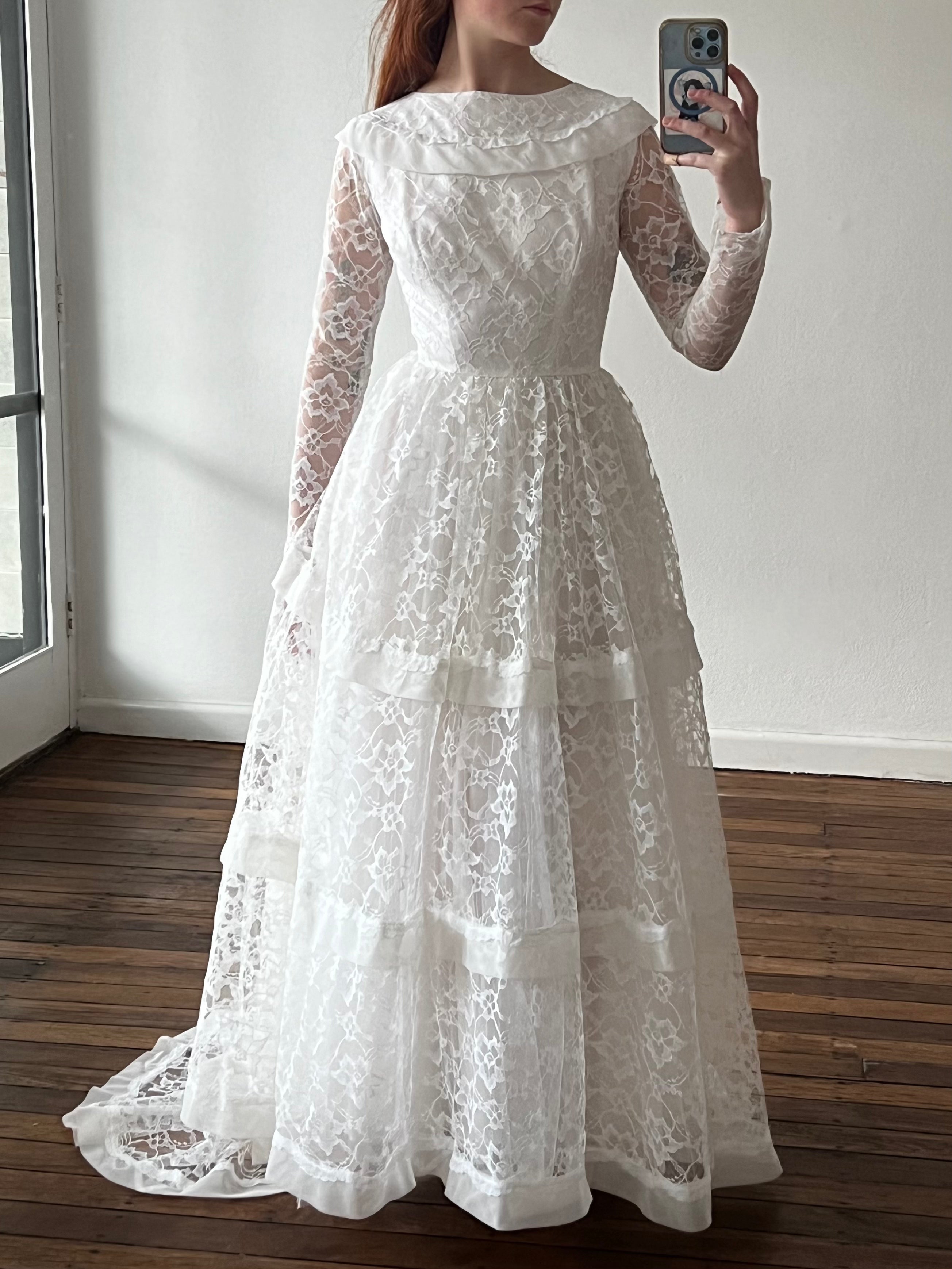 60s Lace and Chiffon Tiered Long Sleeve Dress