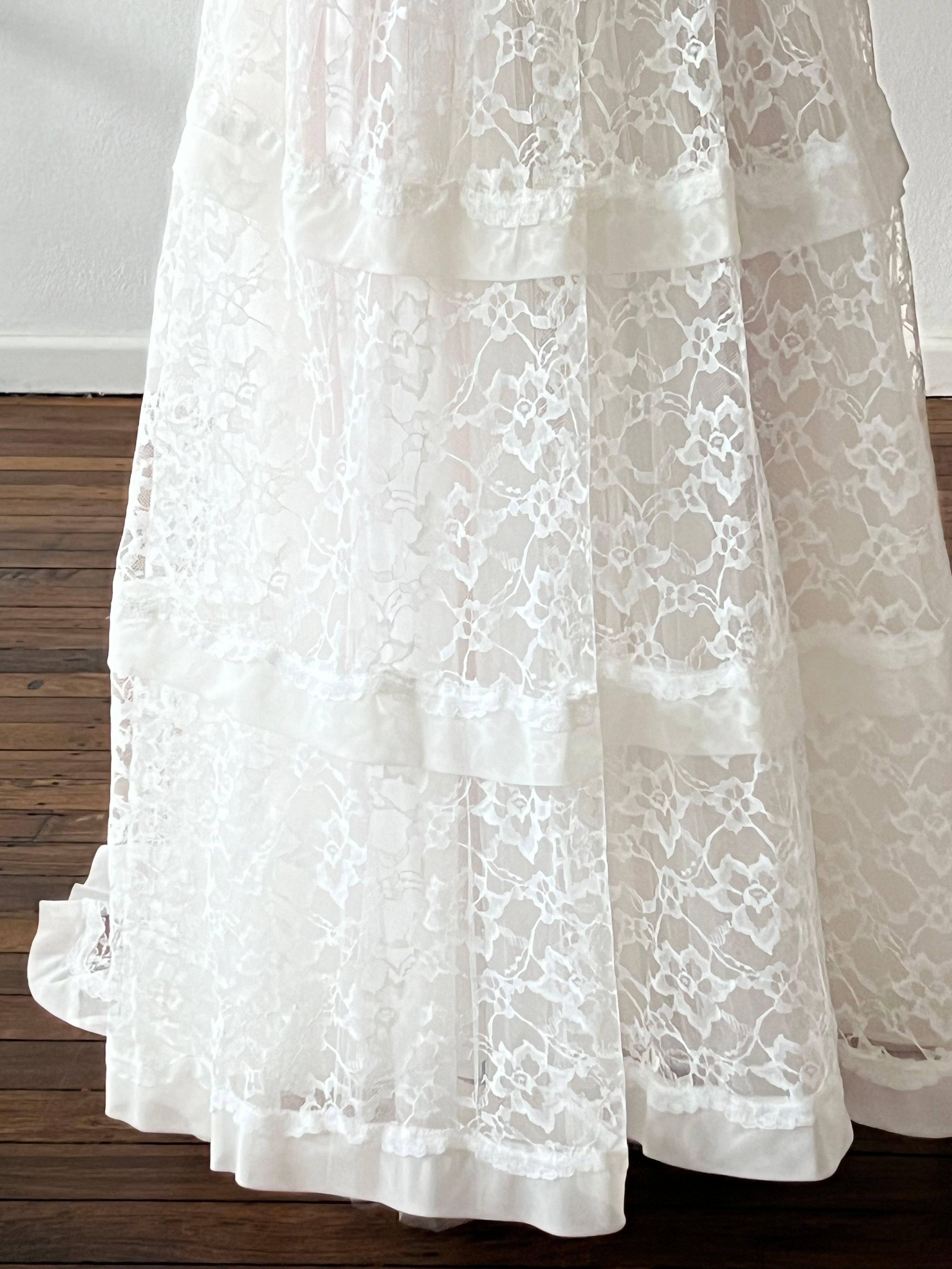 60s Lace and Chiffon Tiered Long Sleeve Dress