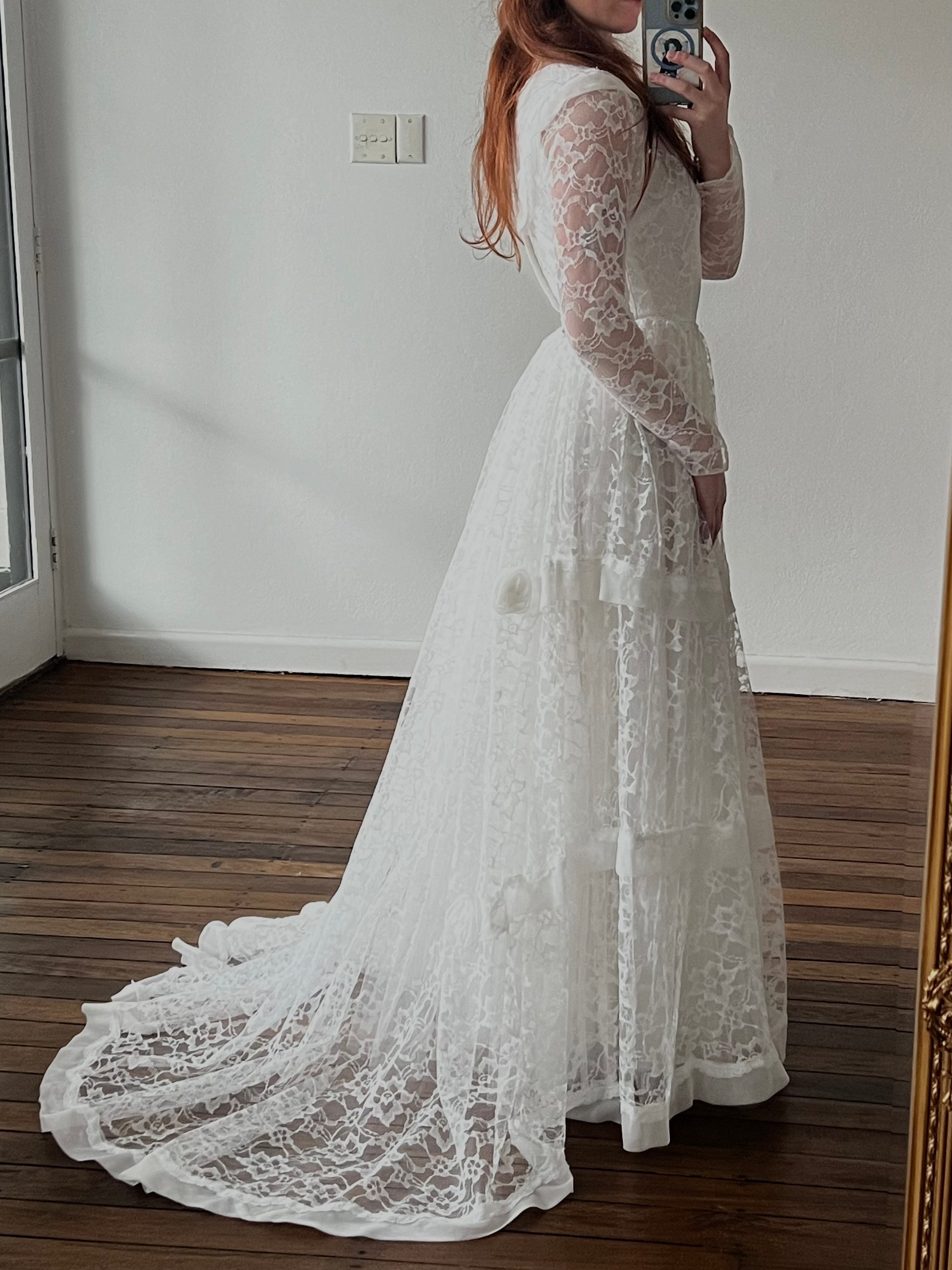 60s Lace and Chiffon Tiered Long Sleeve Dress