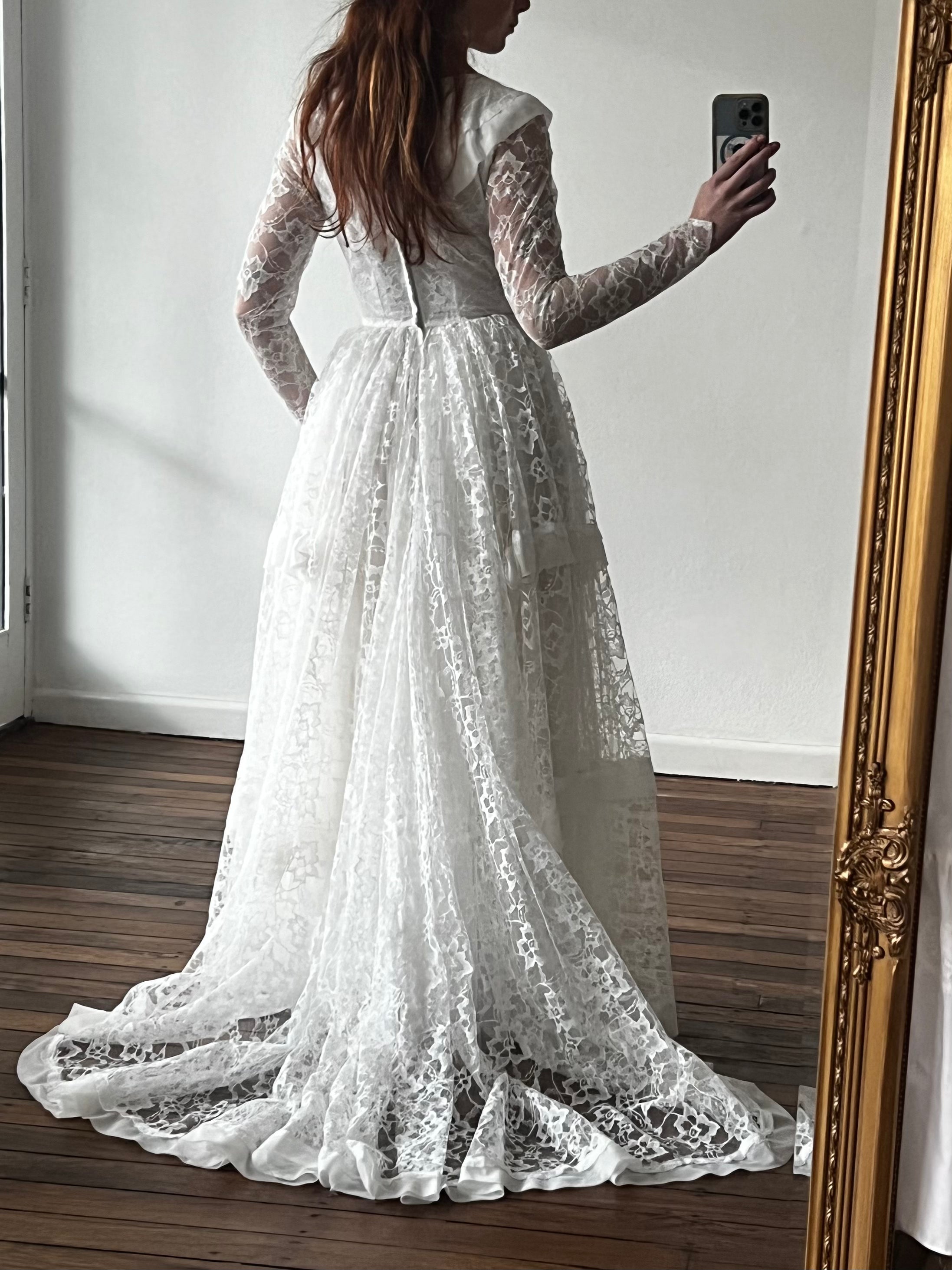 60s Lace and Chiffon Tiered Long Sleeve Dress