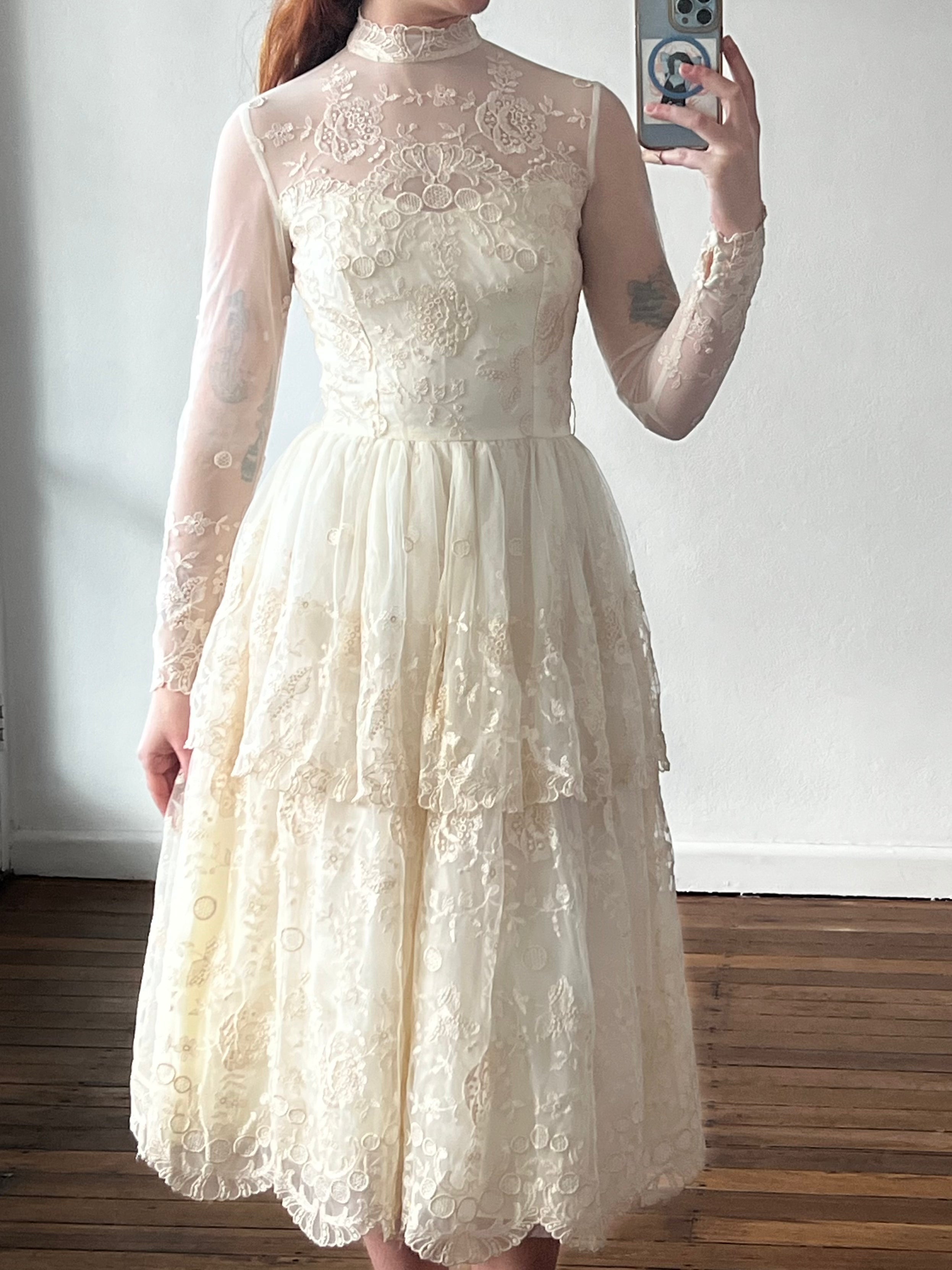70s Tiered Embroidered Mock Neckline Midi