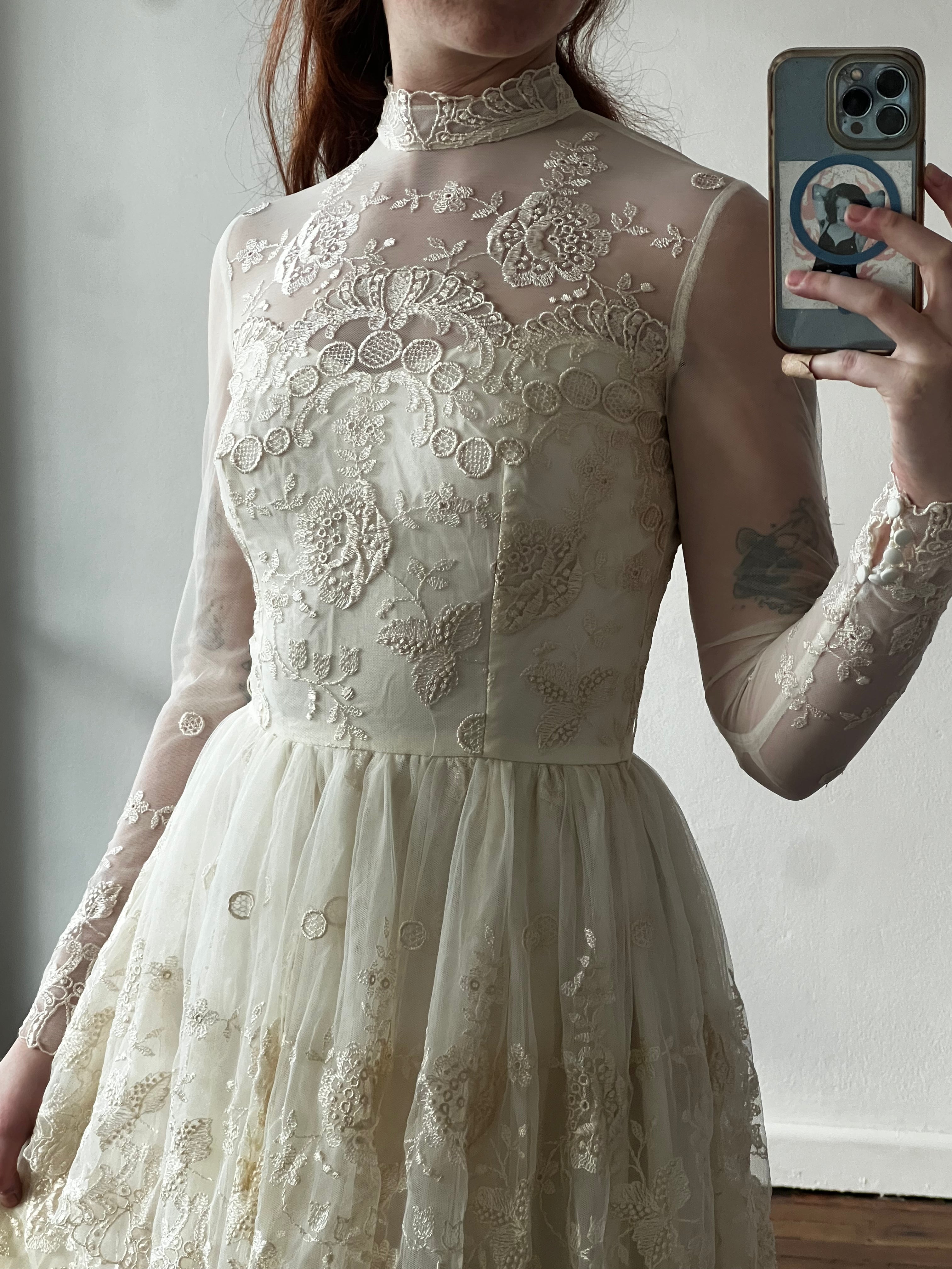 70s Tiered Embroidered Mock Neckline Midi
