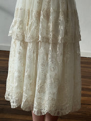 70s Tiered Embroidered Mock Neckline Midi