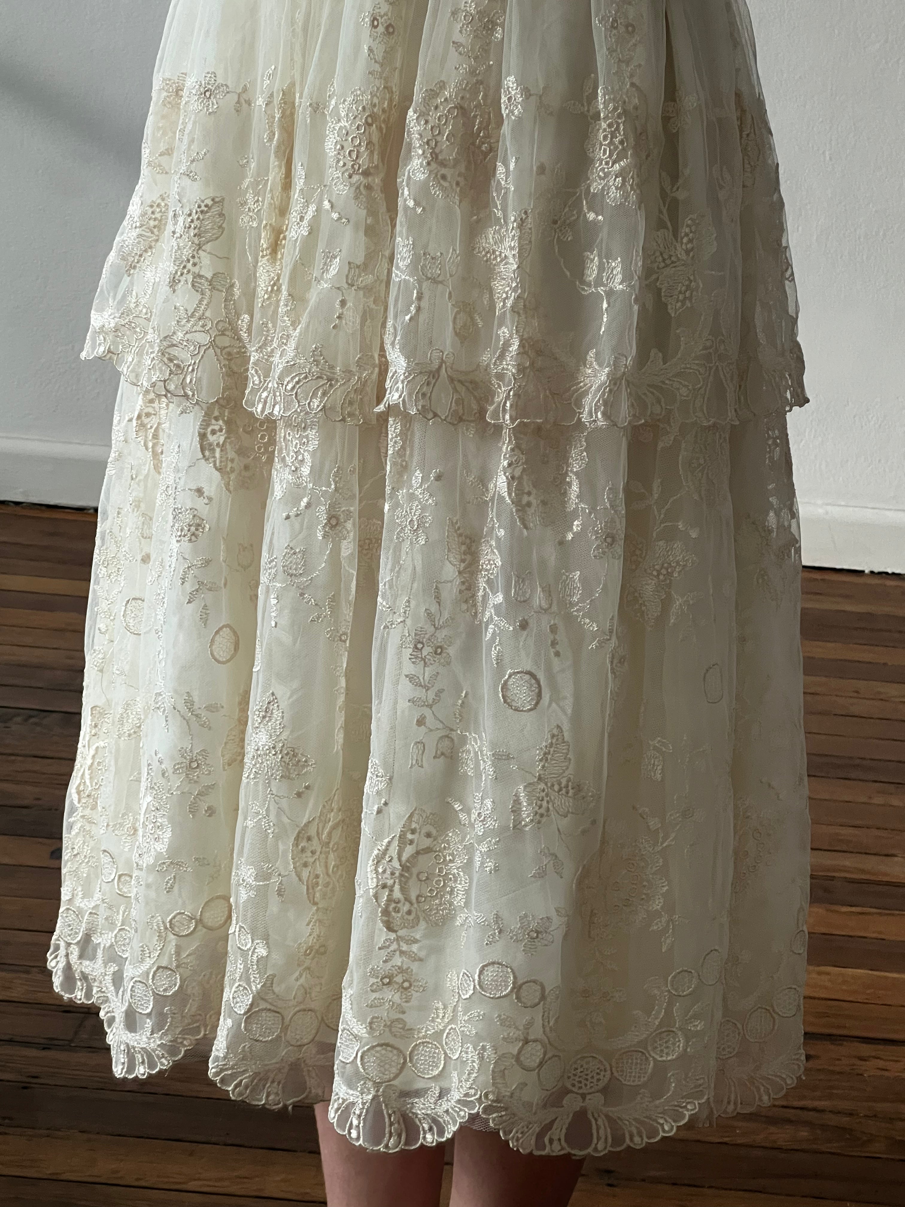 70s Tiered Embroidered Mock Neckline Midi