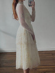70s Tiered Embroidered Mock Neckline Midi