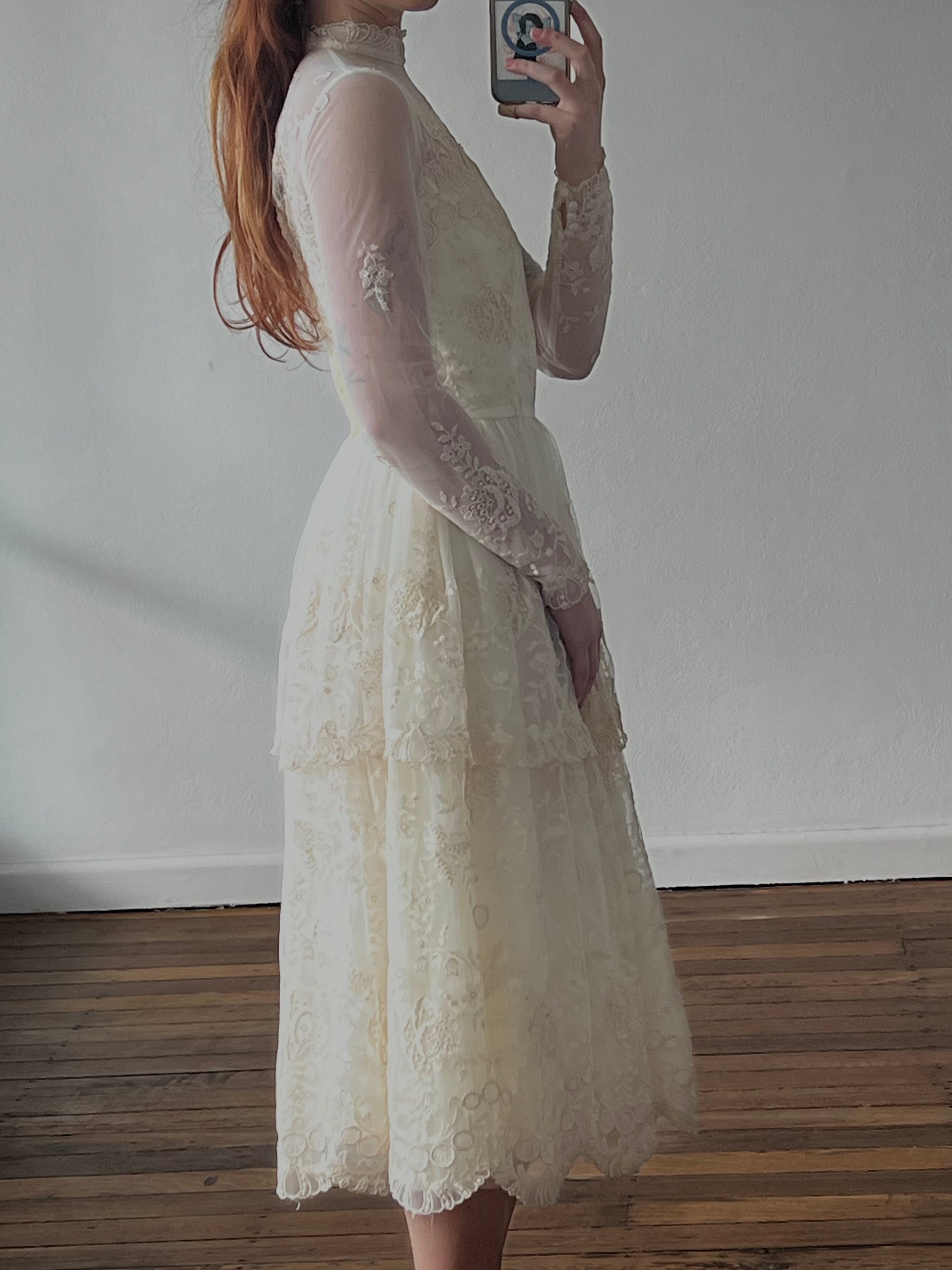 70s Tiered Embroidered Mock Neckline Midi