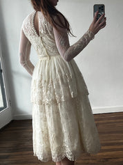 70s Tiered Embroidered Mock Neckline Midi