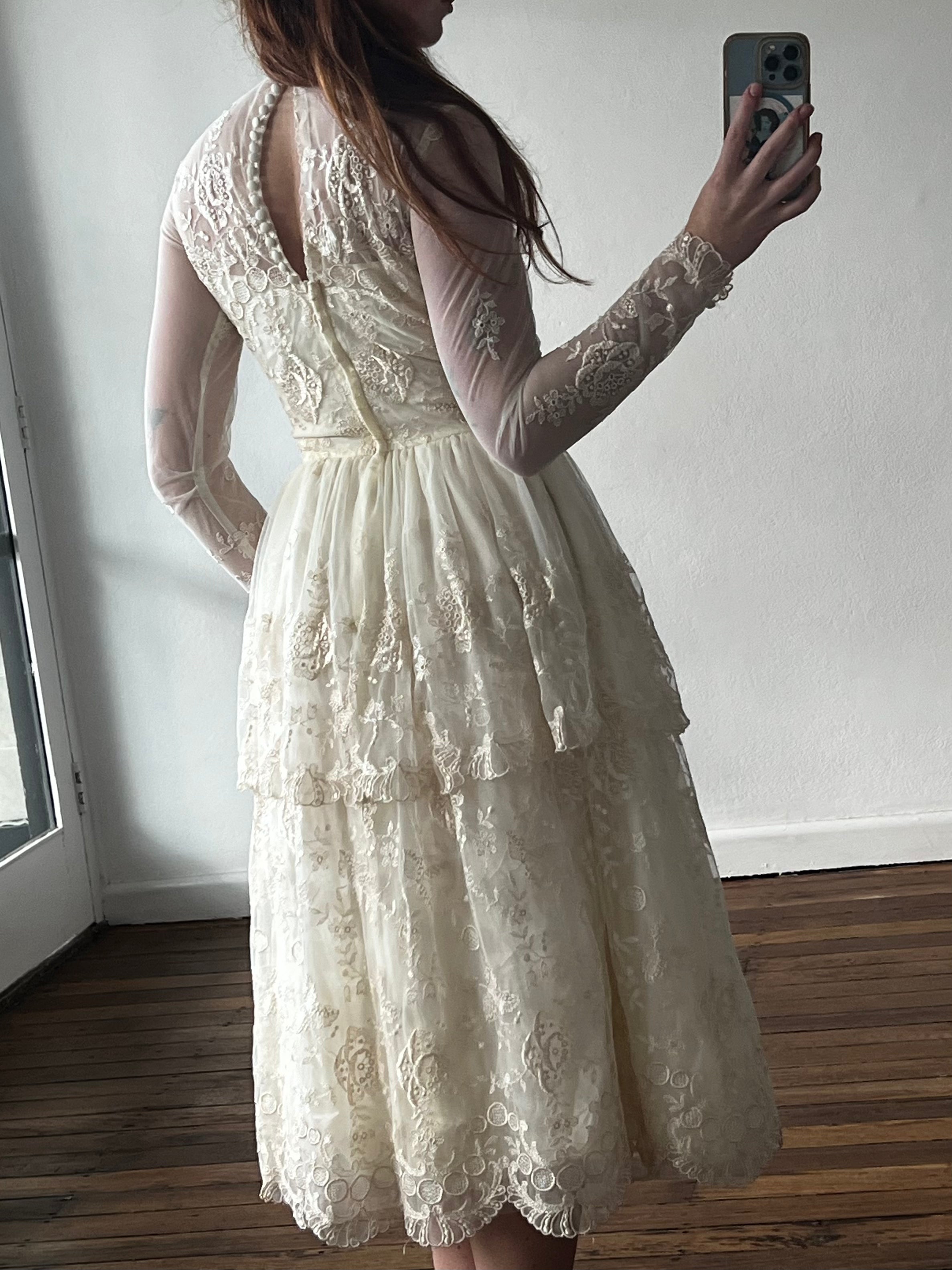 70s Tiered Embroidered Mock Neckline Midi