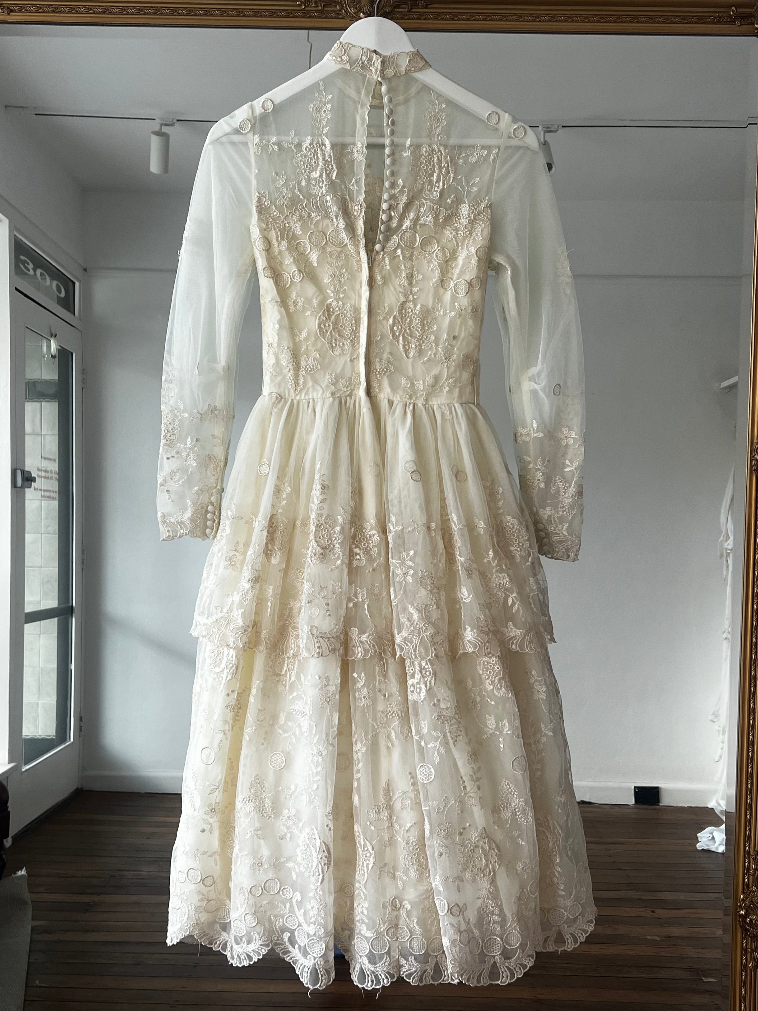 70s Tiered Embroidered Mock Neckline Midi