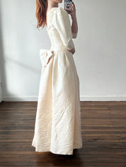 90s Silk Dupion Boat Neck Lace Appliqué Dress