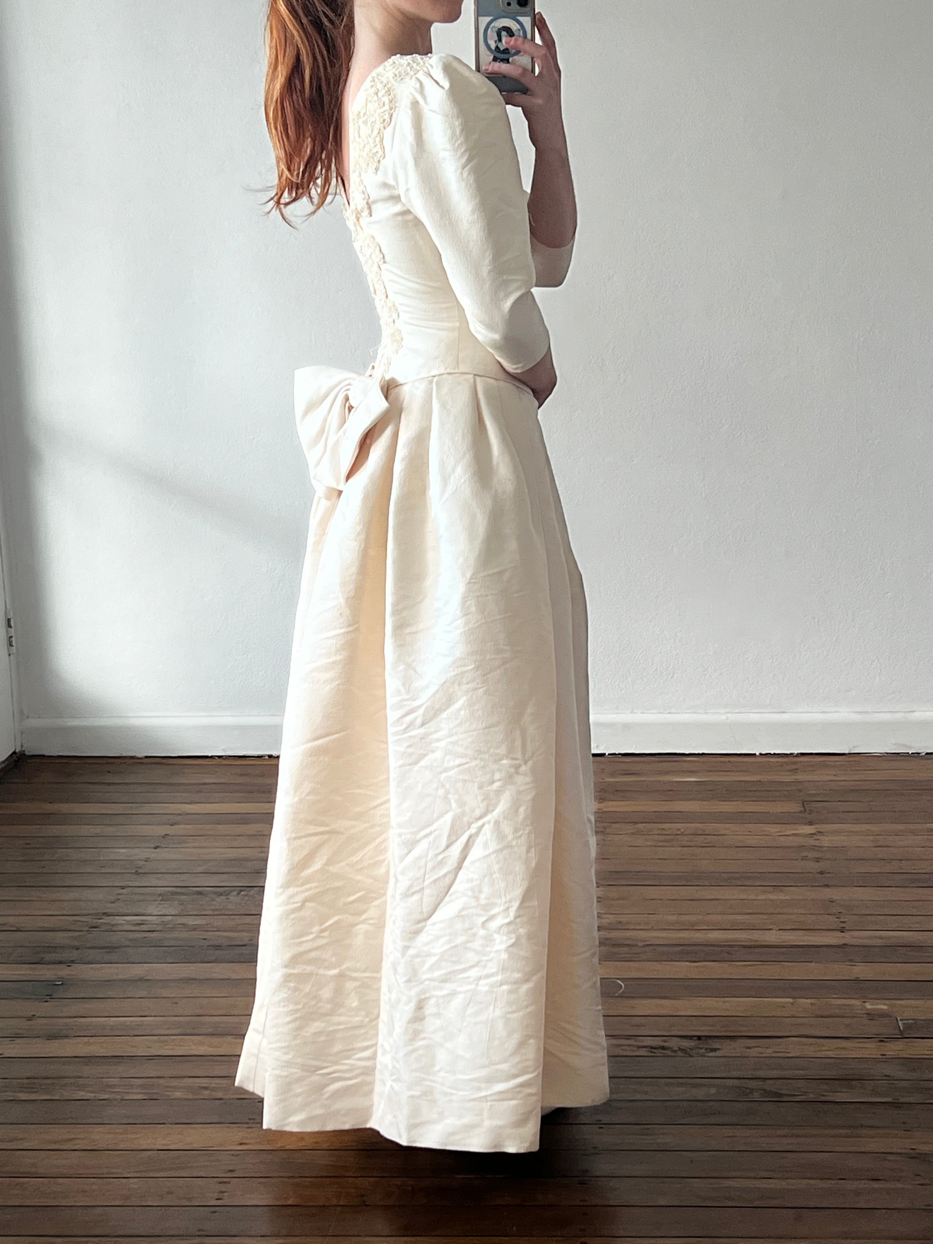 90s Silk Dupion Boat Neck Lace Appliqué Dress