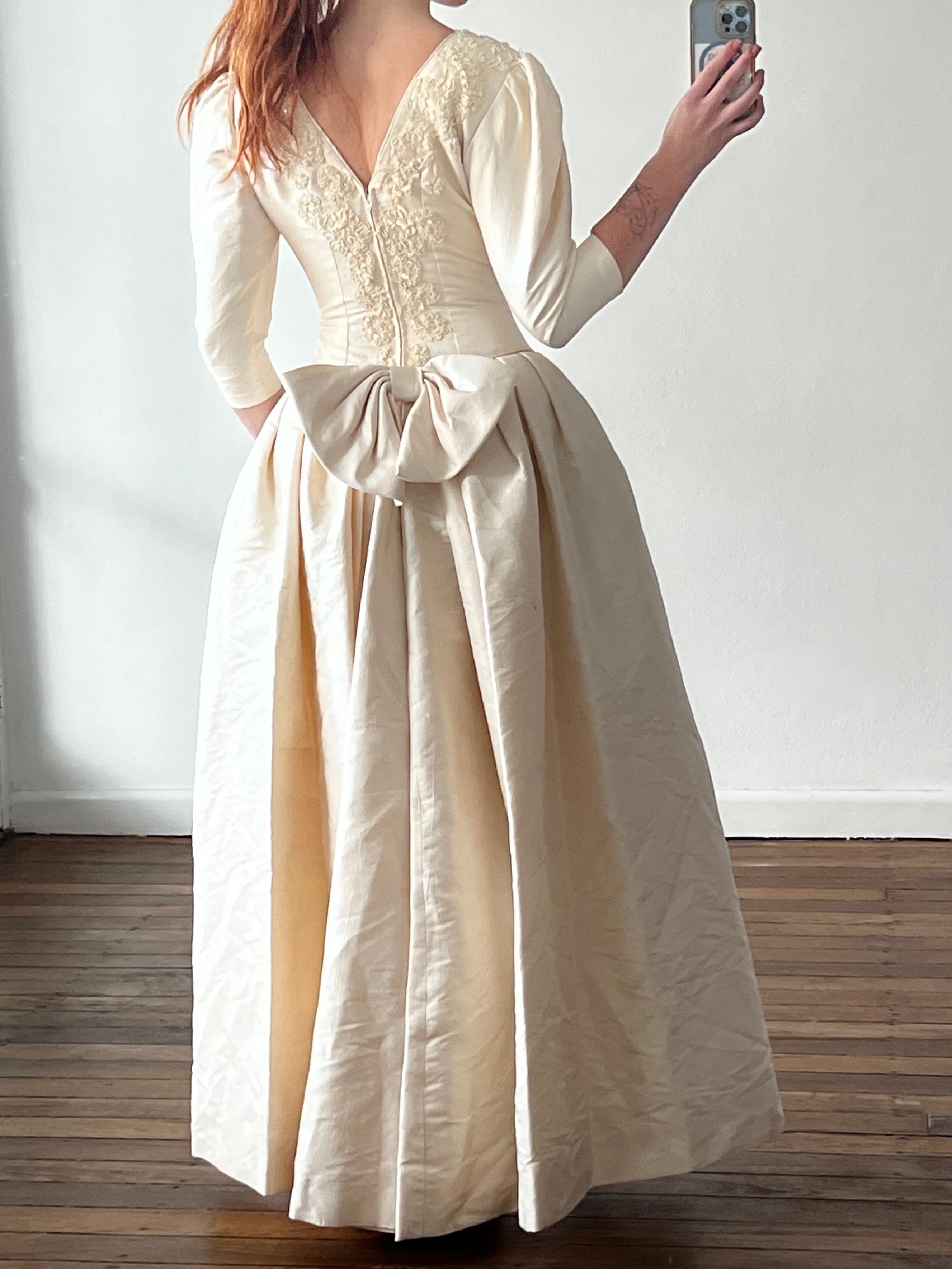 90s Silk Dupion Boat Neck Lace Appliqué Dress