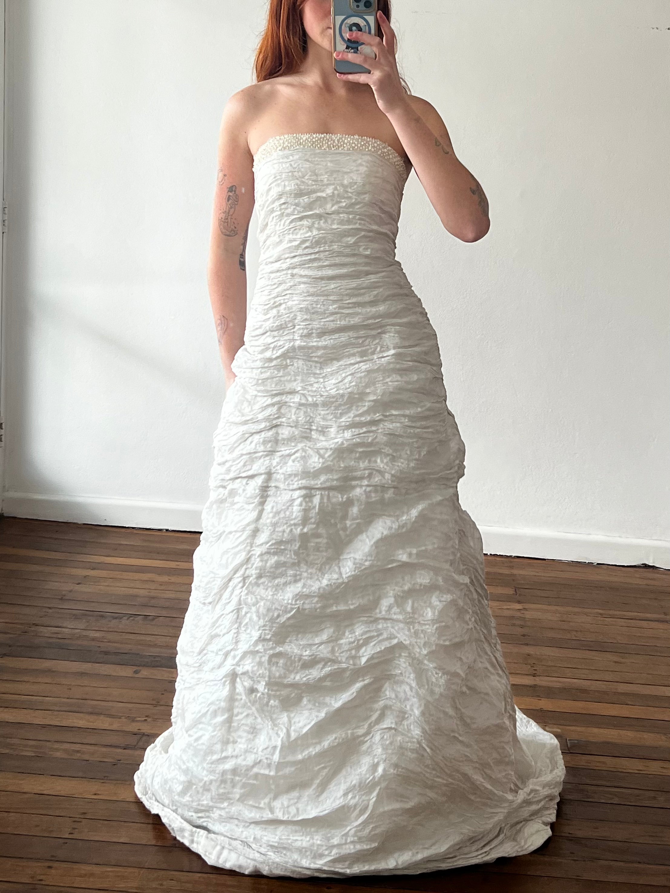 90s Silver Strapless Crinkled Couture Dress