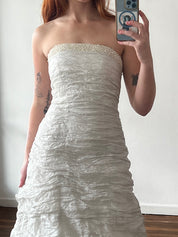 90s Silver Strapless Crinkled Couture Dress
