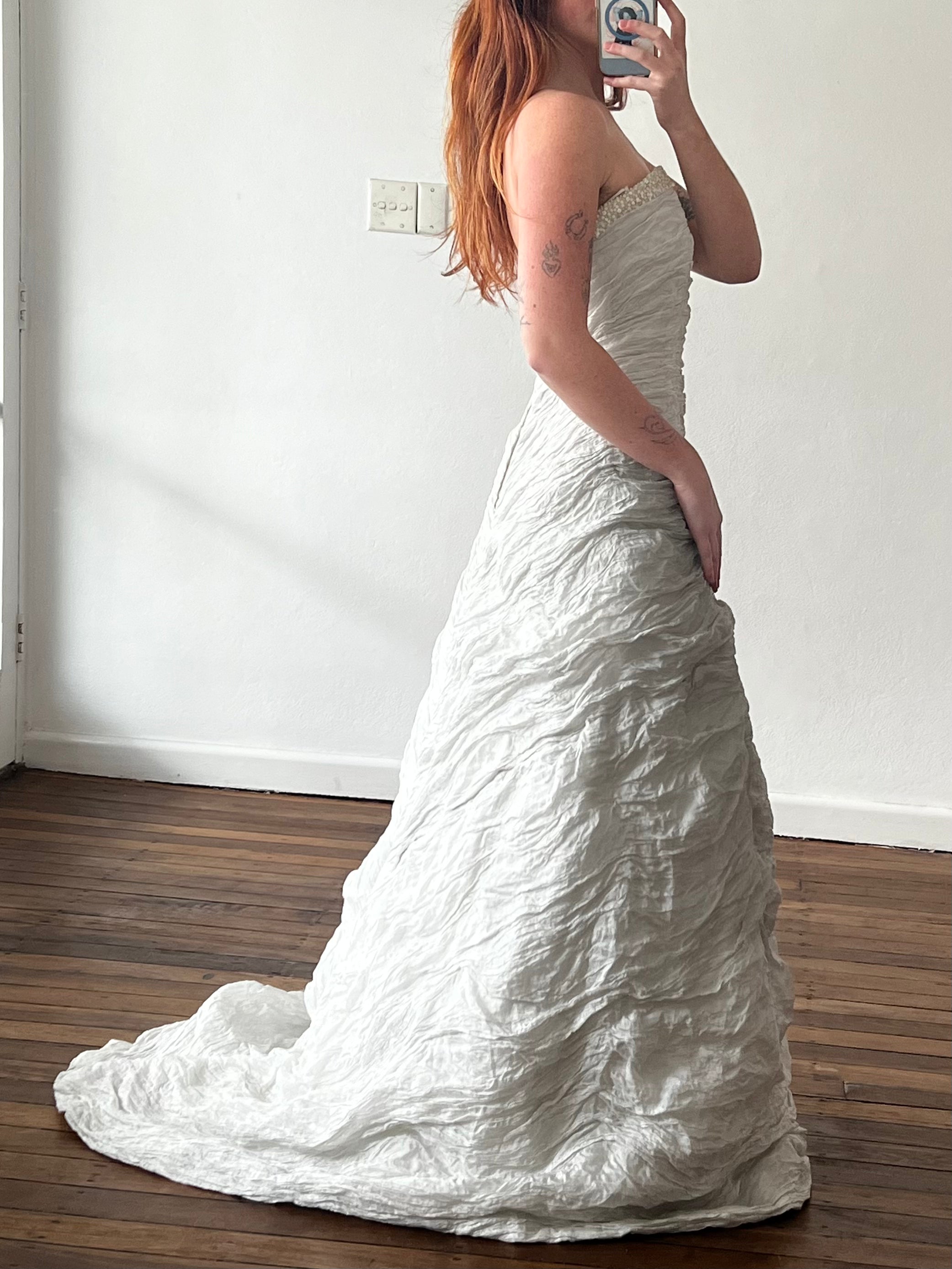 90s Silver Strapless Crinkled Couture Dress
