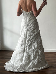 90s Silver Strapless Crinkled Couture Dress