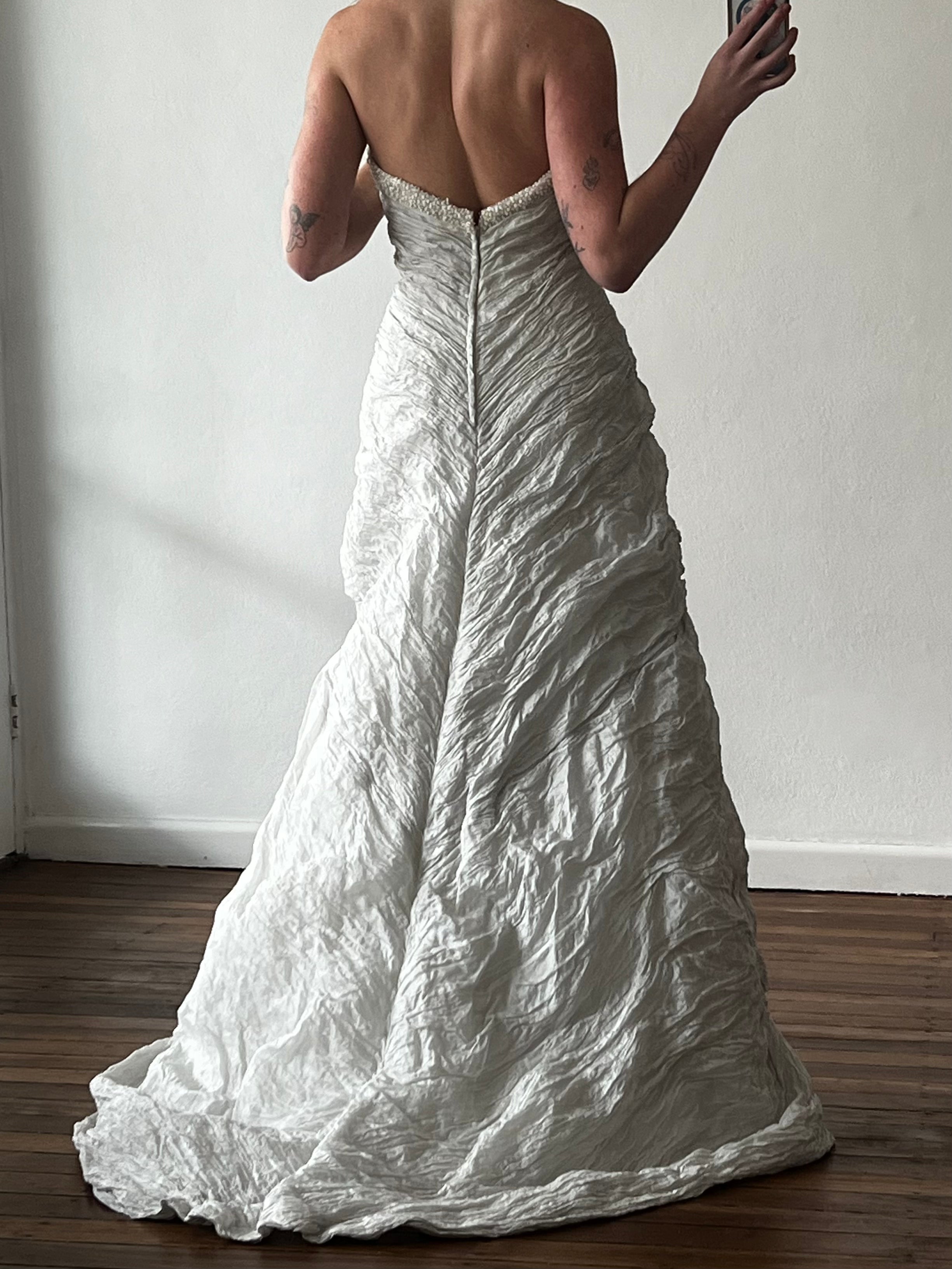90s Silver Strapless Crinkled Couture Dress