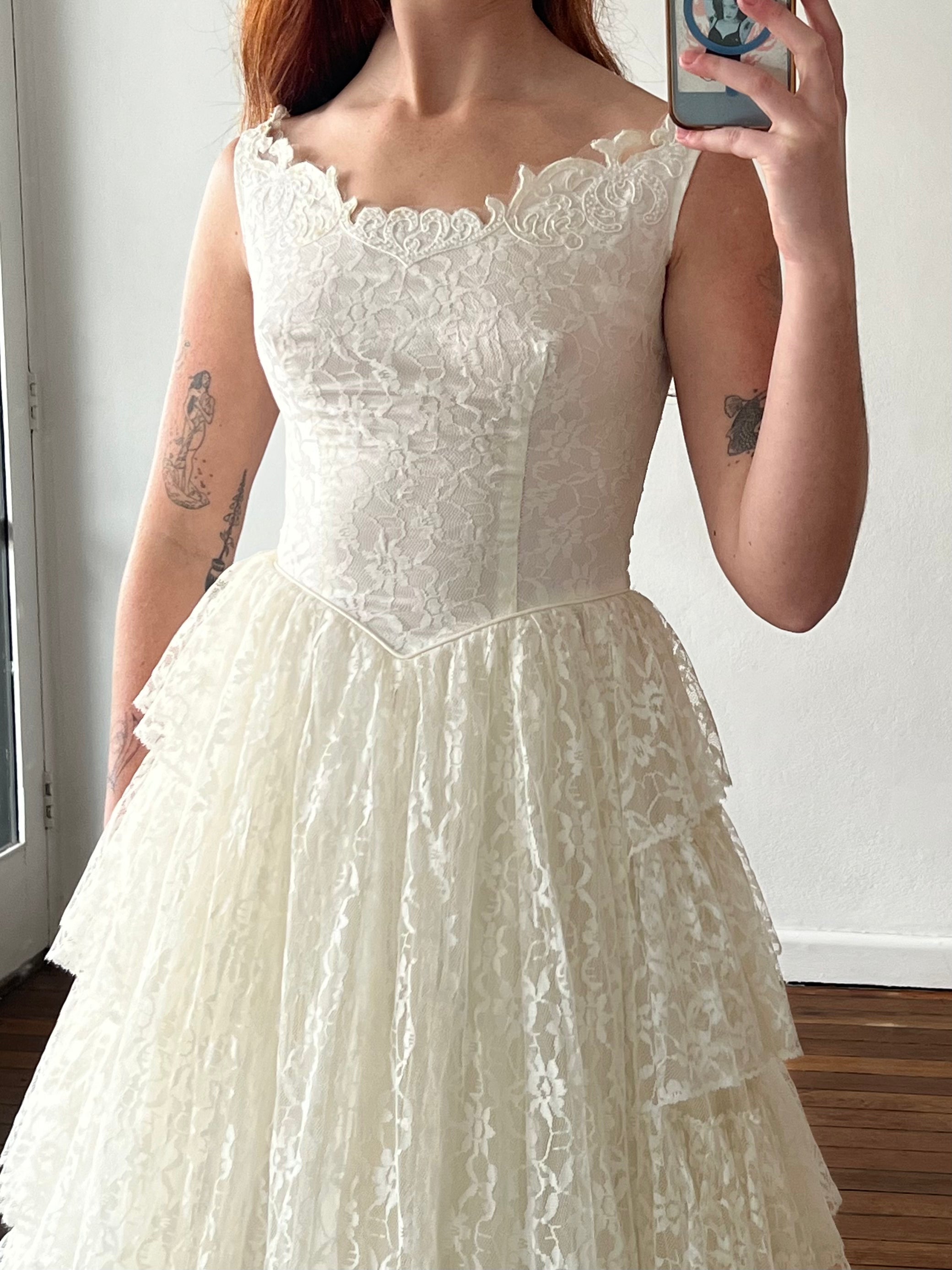 50s Lace Basque Waist Tiered Skirt Dress