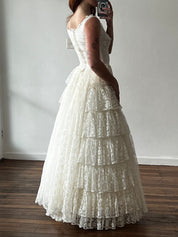 50s Lace Basque Waist Tiered Skirt Dress