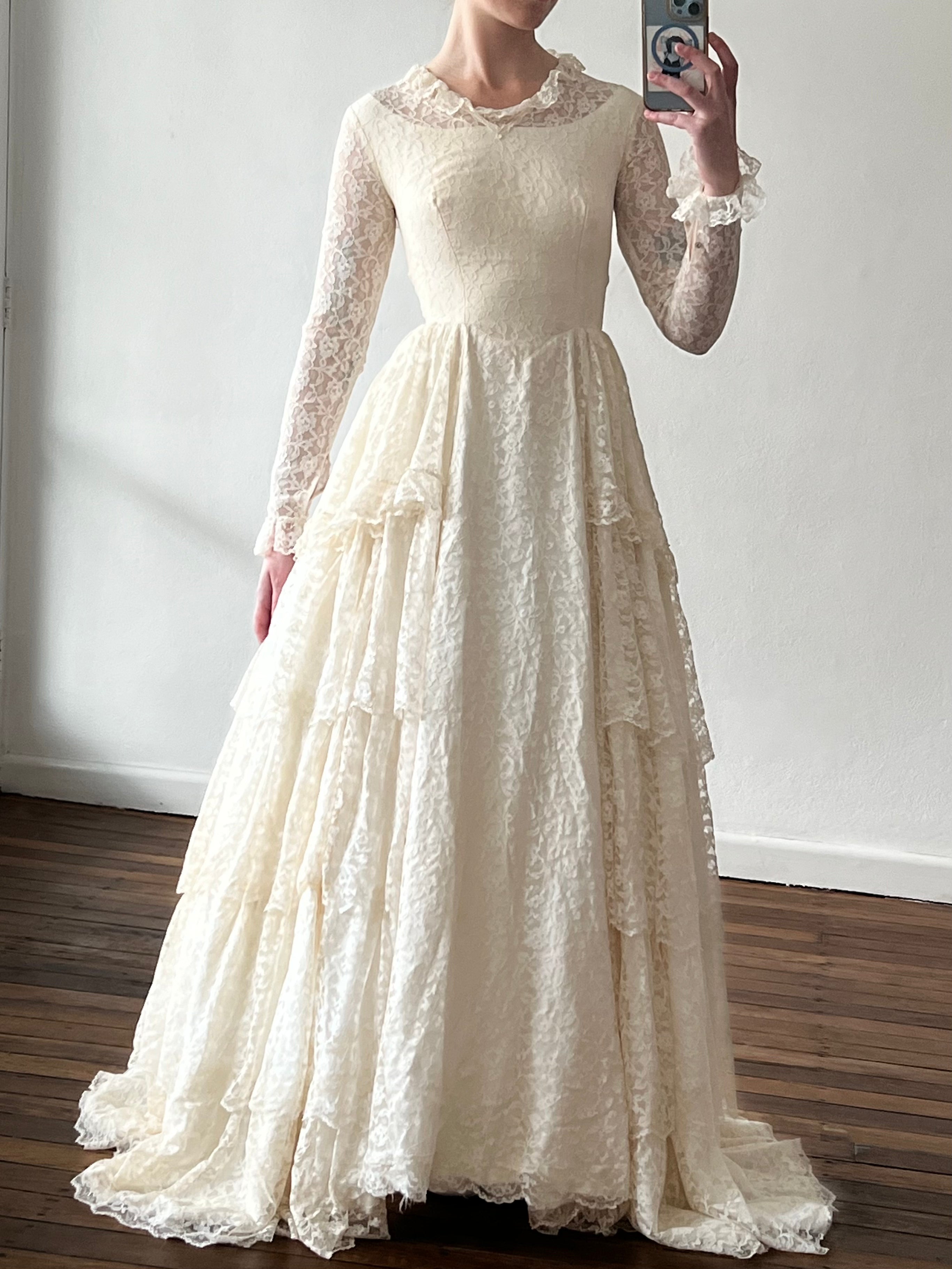 50s Lace Long Sleeve Tiered Skirt Dress