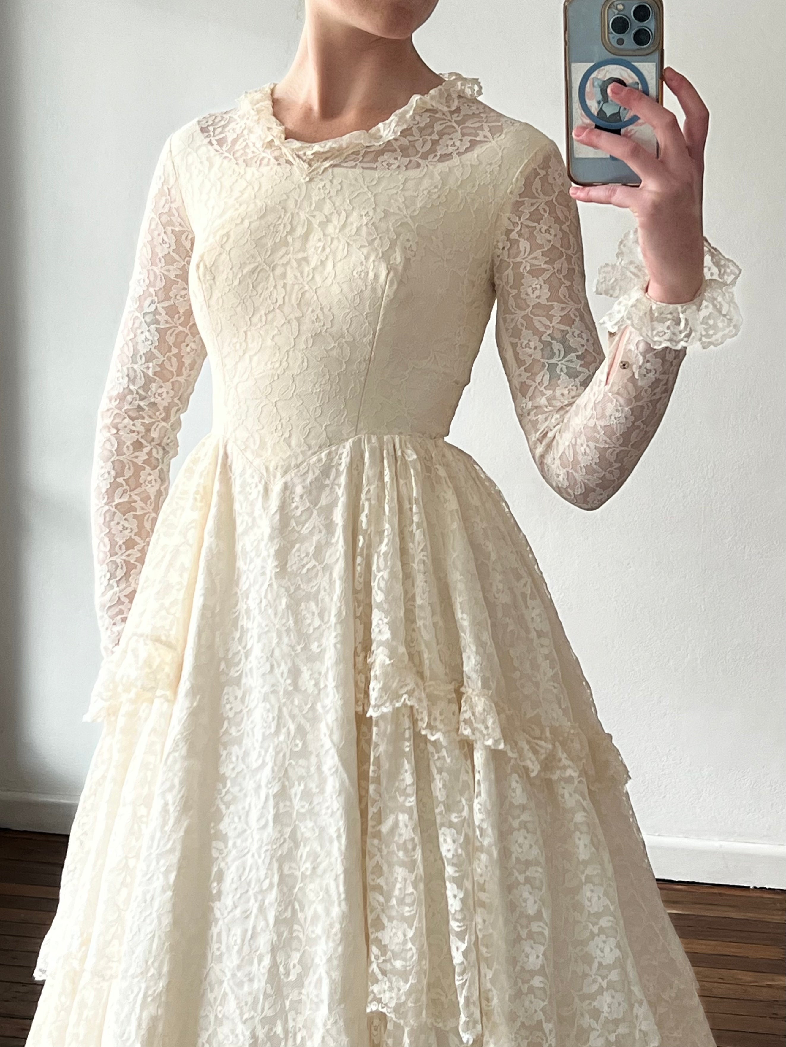 50s Lace Long Sleeve Tiered Skirt Dress