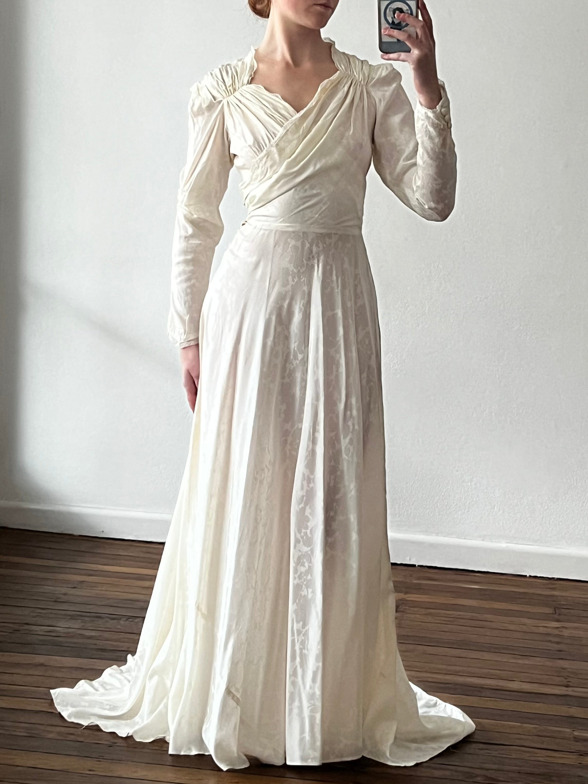 40s Flocked Taffeta Wrap Bodice Dress