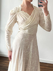 40s Flocked Taffeta Wrap Bodice Dress