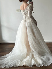 2000s Embroidered Floral Bodice Organza Skirt Ballgown