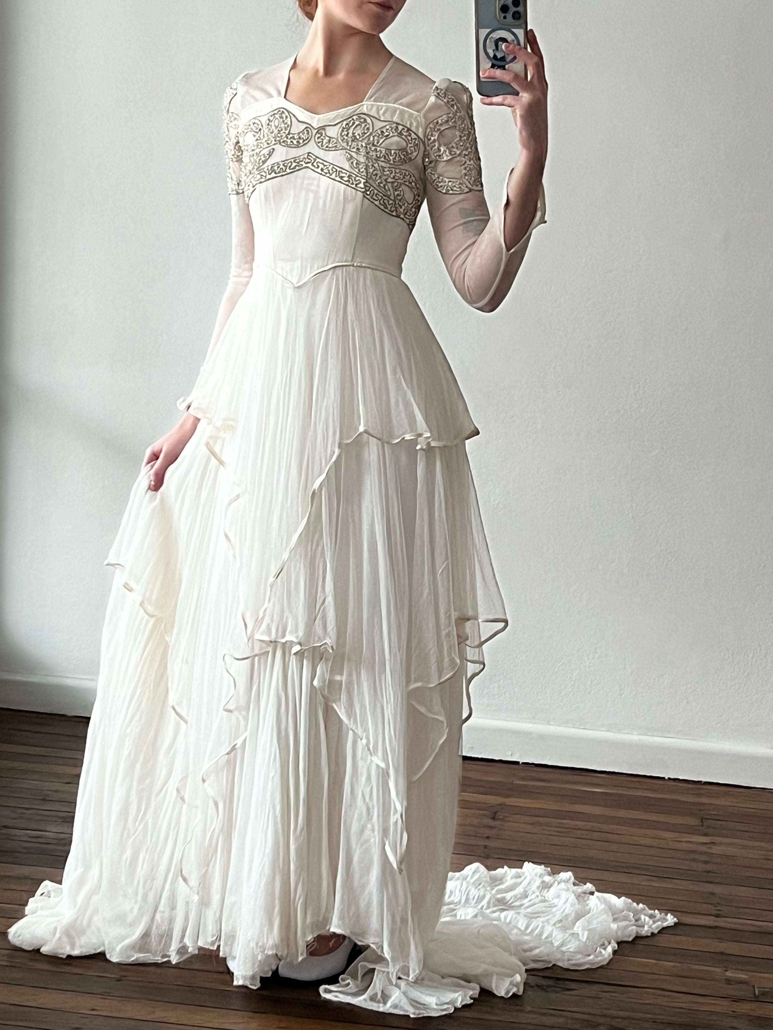 50s Gold Corded Detail Tiered Silk Tulle Dress