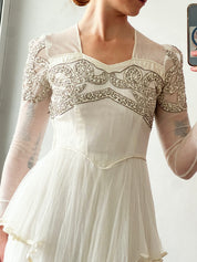 50s Gold Corded Detail Tiered Silk Tulle Dress
