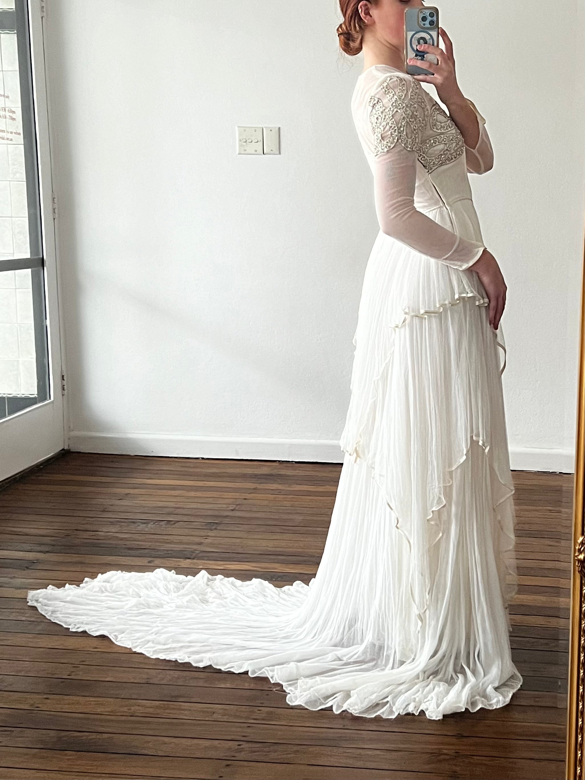 50s Gold Corded Detail Tiered Silk Tulle Dress