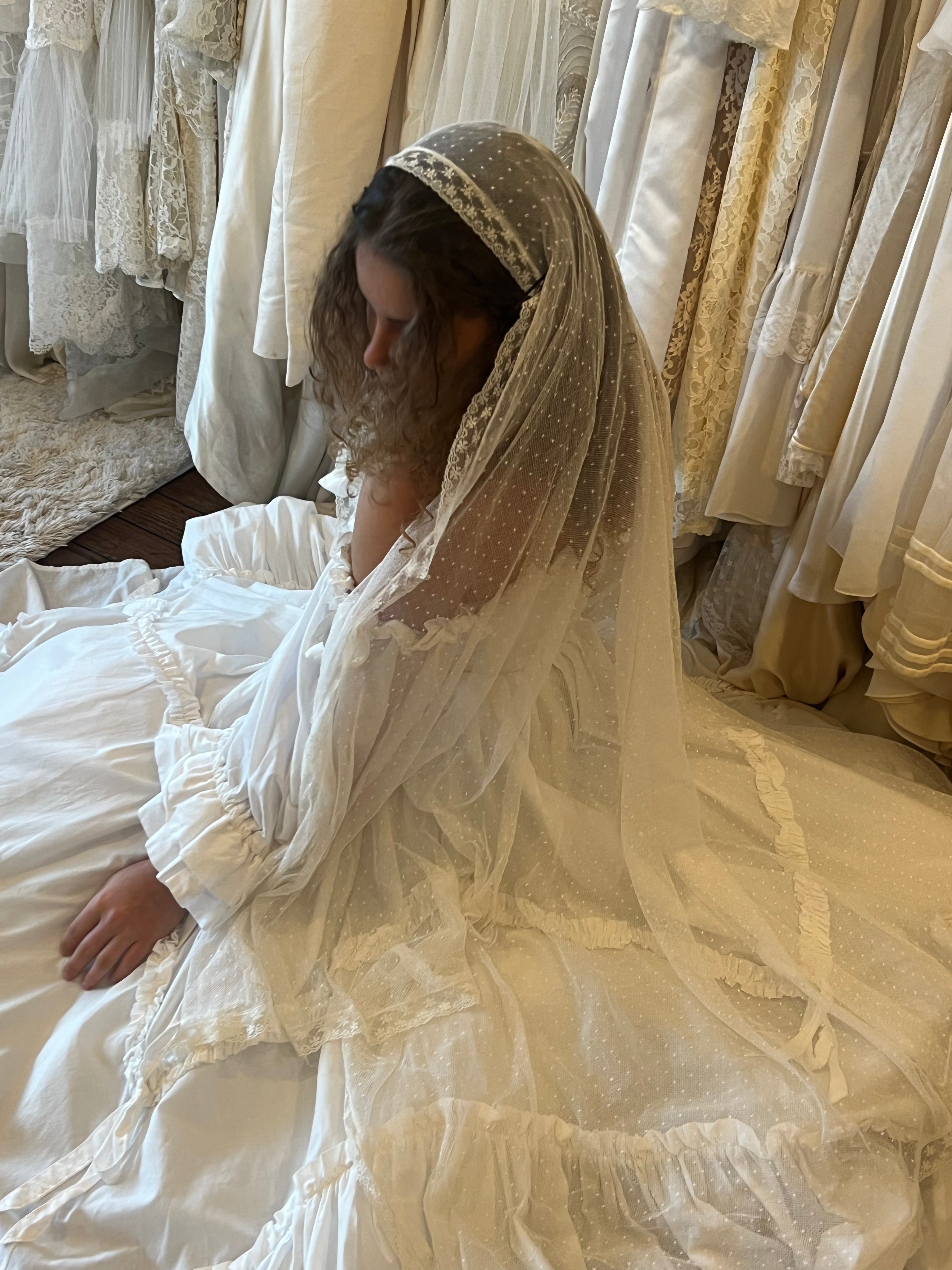 70s Embroidered Cotton Lace Mantilla
